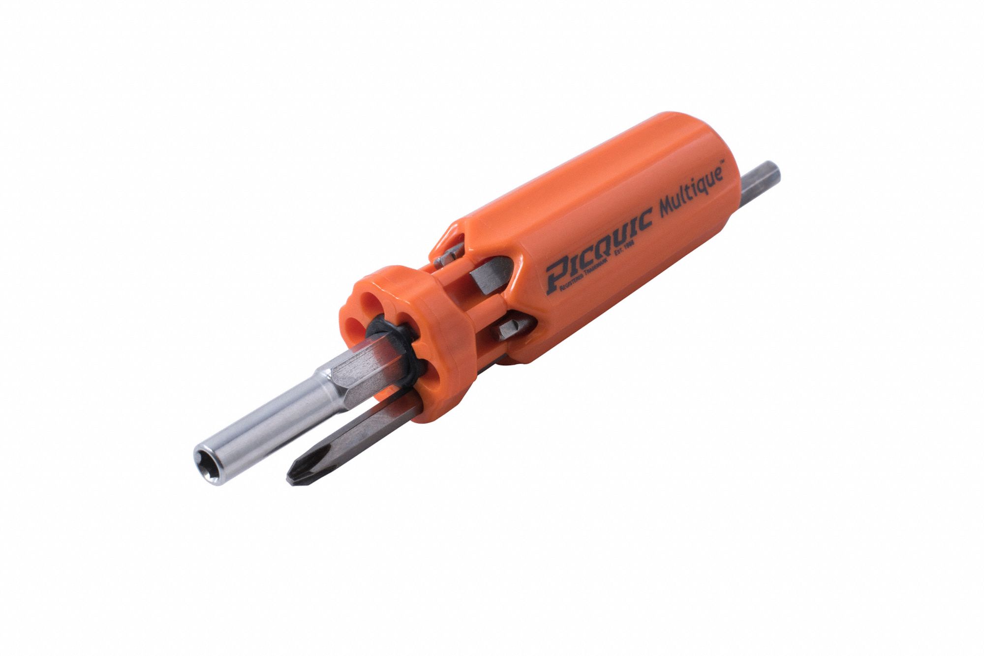 MULTI-BIT SCREWDRIVER, STEEL, MOULDED PLASTIC HANDLE, ¼ IN DRIVE, BARREL GRIP, POLISHED FINISH