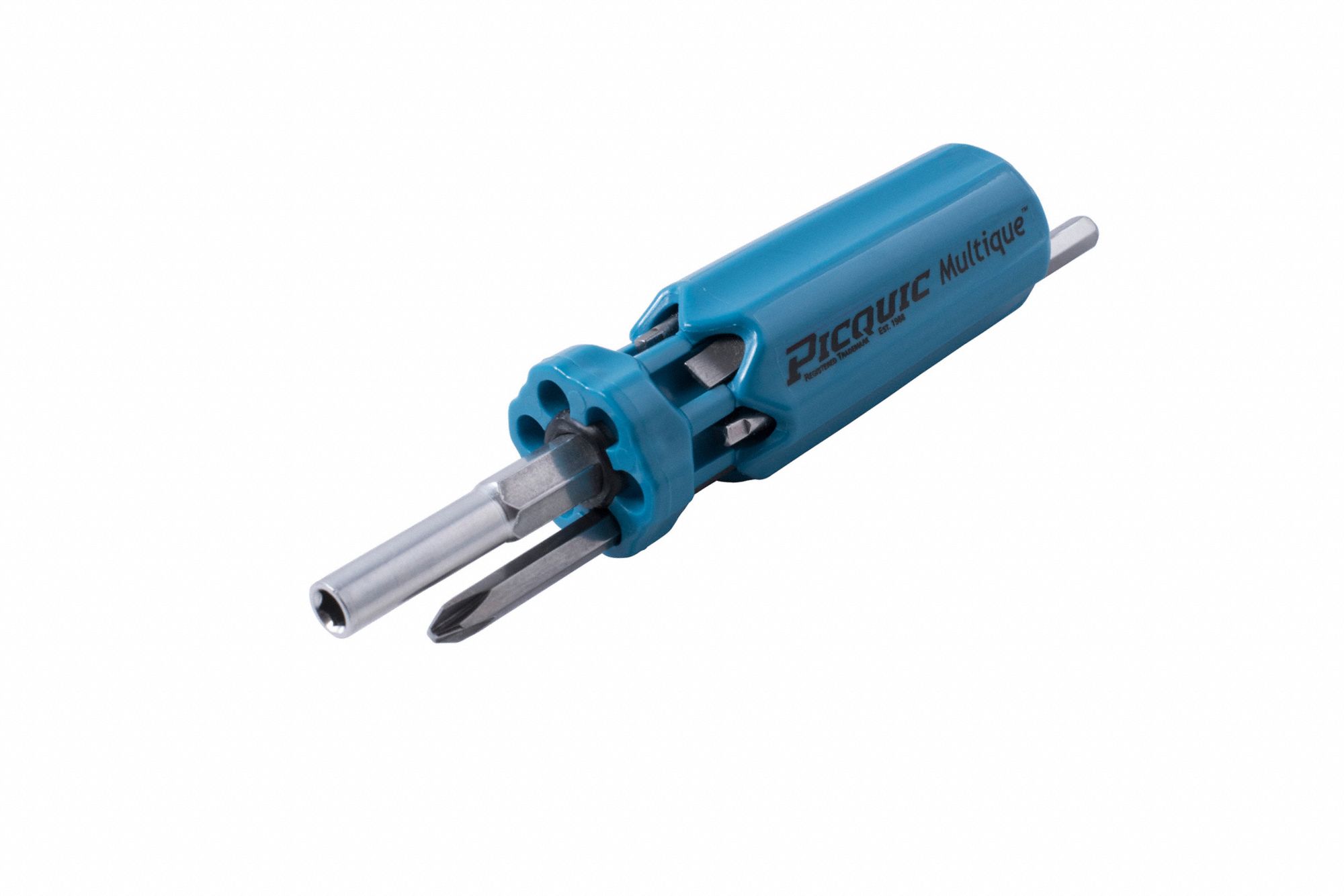 MULTI-BIT SCREWDRIVER, STEEL, MOULDED PLASTIC HANDLE, ¼ IN DRIVE, BARREL GRIP, POLISHED FINISH