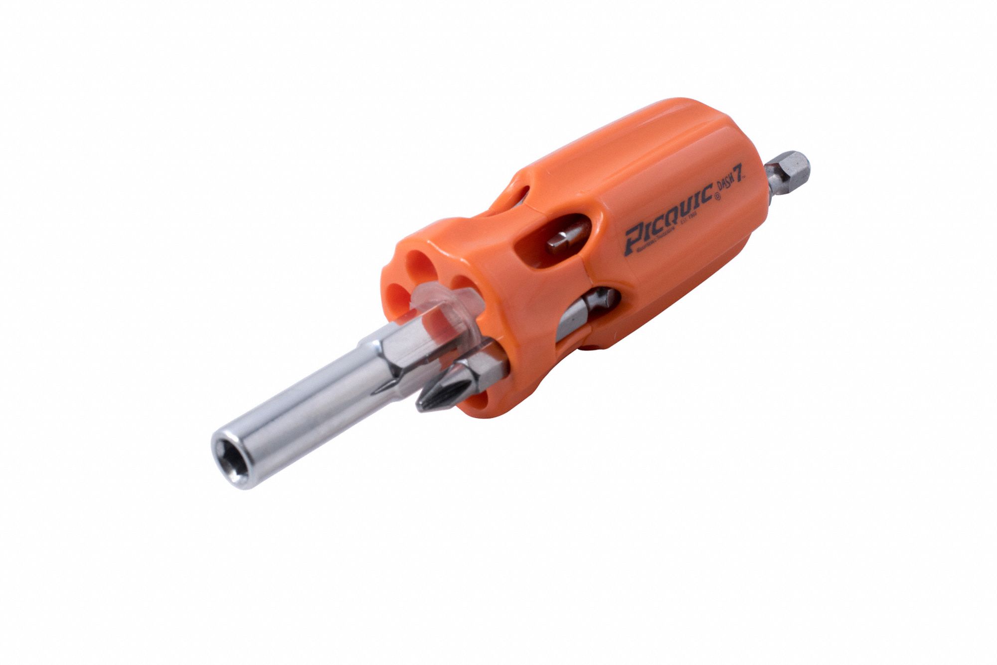 MULTI-BIT SCREWDRIVER, STEEL, MOULDED PLASTIC HANDLE, ¼ IN DRIVE, BARREL GRIP, POLISHED FINISH