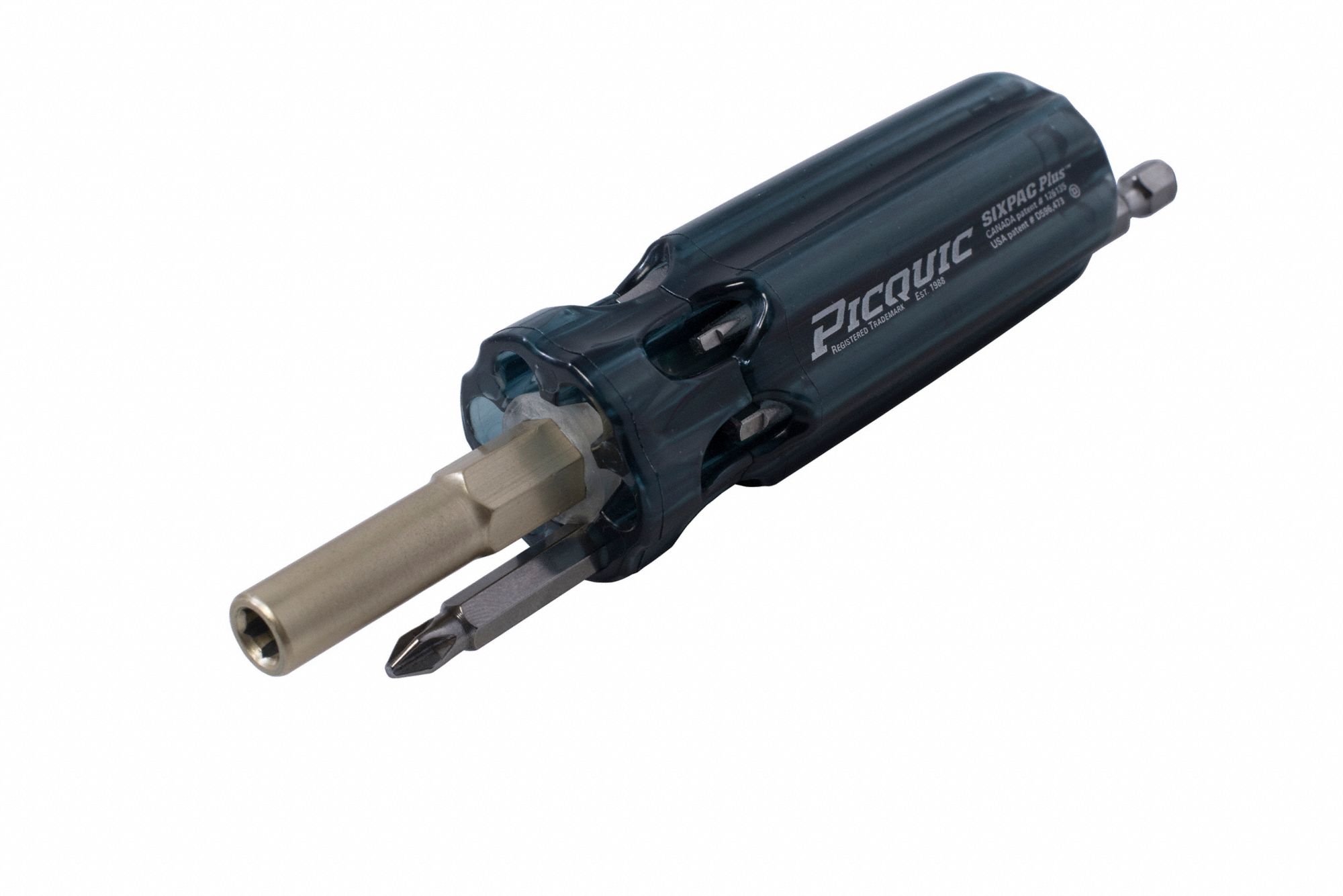 MULTI-BIT SCREWDRIVER, STEEL, MOULDED PLASTIC HANDLE, ¼ IN DRIVE, BARREL GRIP, POLISHED FINISH