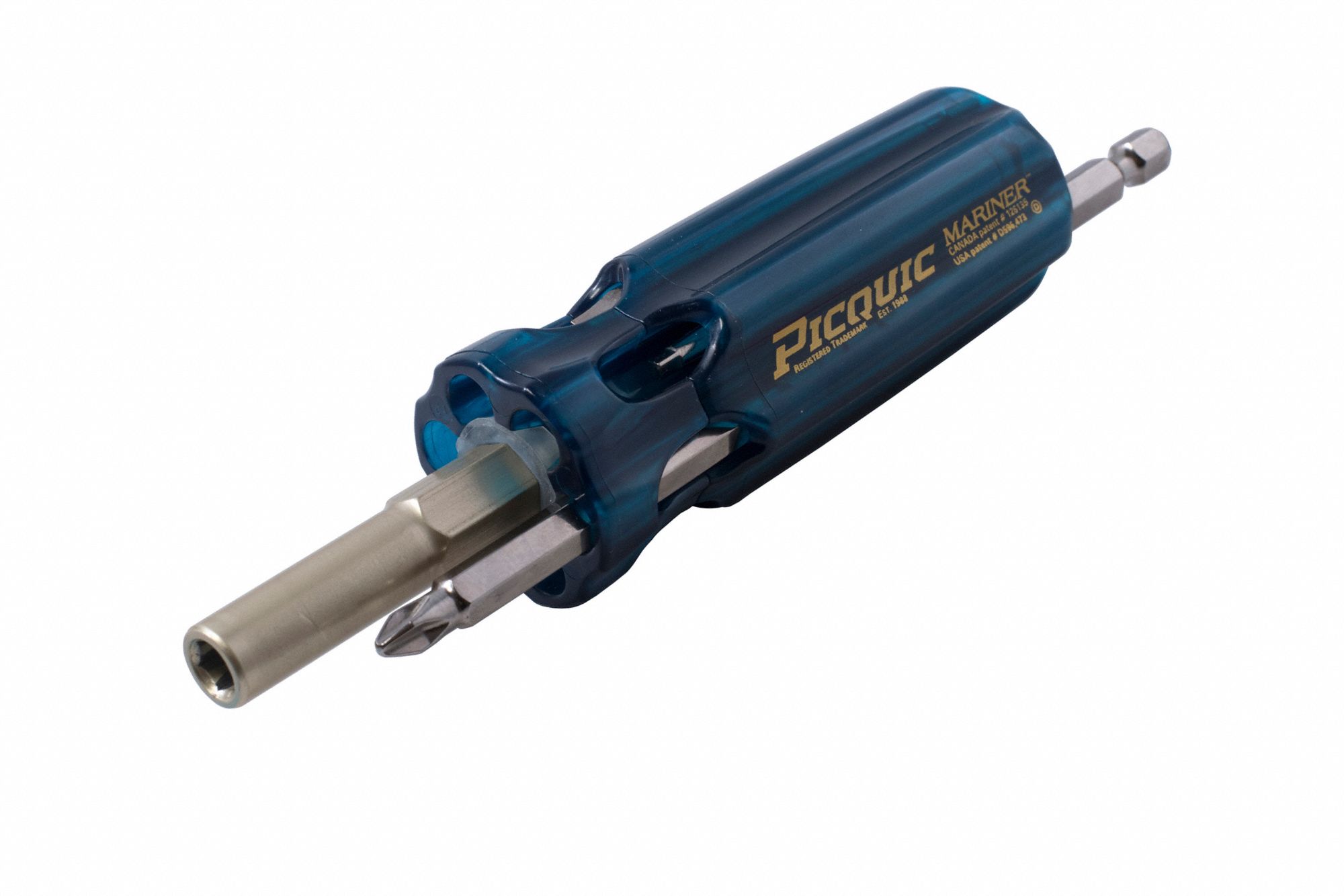 MULTI-BIT SCREWDRIVER, STEEL, MOULDED PLASTIC HANDLE, ¼ IN DRIVE, BARREL GRIP, POLISHED FINISH, CORROSION-RESISTANT