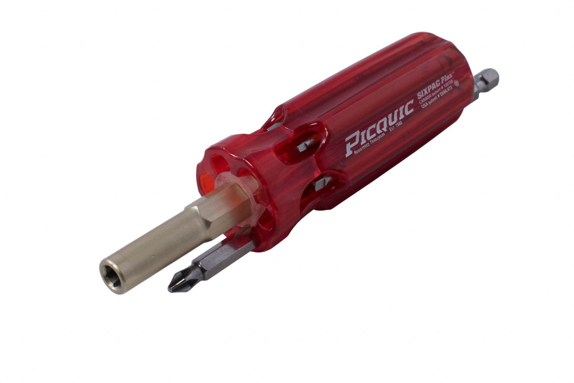 MULTI-BIT SCREWDRIVER, STEEL, MOULDED PLASTIC HANDLE, ¼ IN DRIVE, BARREL GRIP, POLISHED FINISH