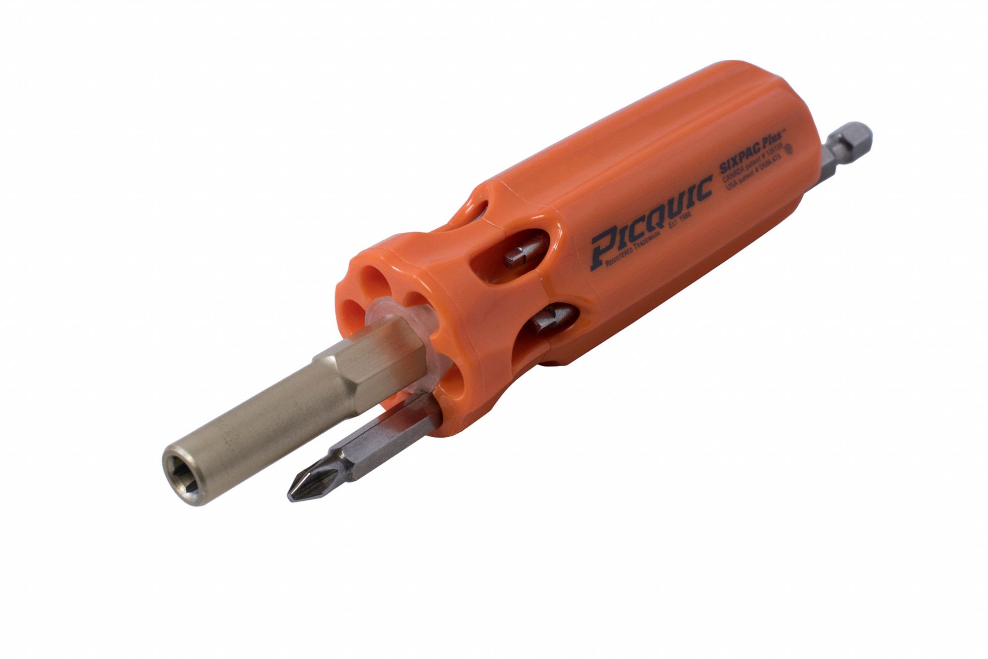 MULTI-BIT SCREWDRIVER, STEEL, MOULDED PLASTIC HANDLE, ¼ IN DRIVE, BARREL GRIP, POLISHED FINISH