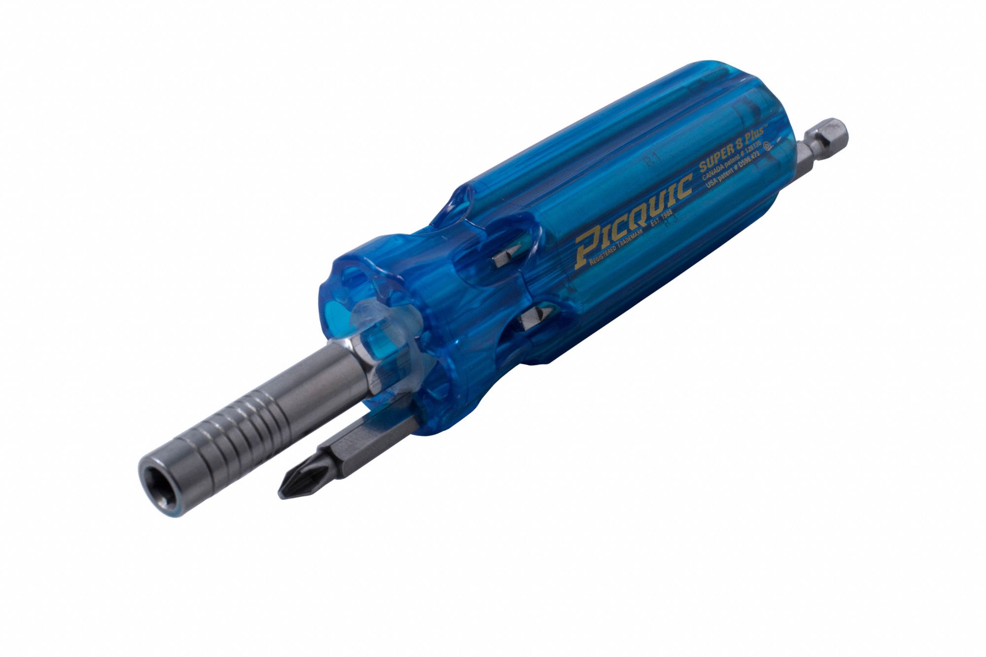 MULTI-BIT SCREWDRIVER, STEEL, MOULDED PLASTIC HANDLE, ¼ IN DRIVE, BARREL GRIP, POLISHED FINISH