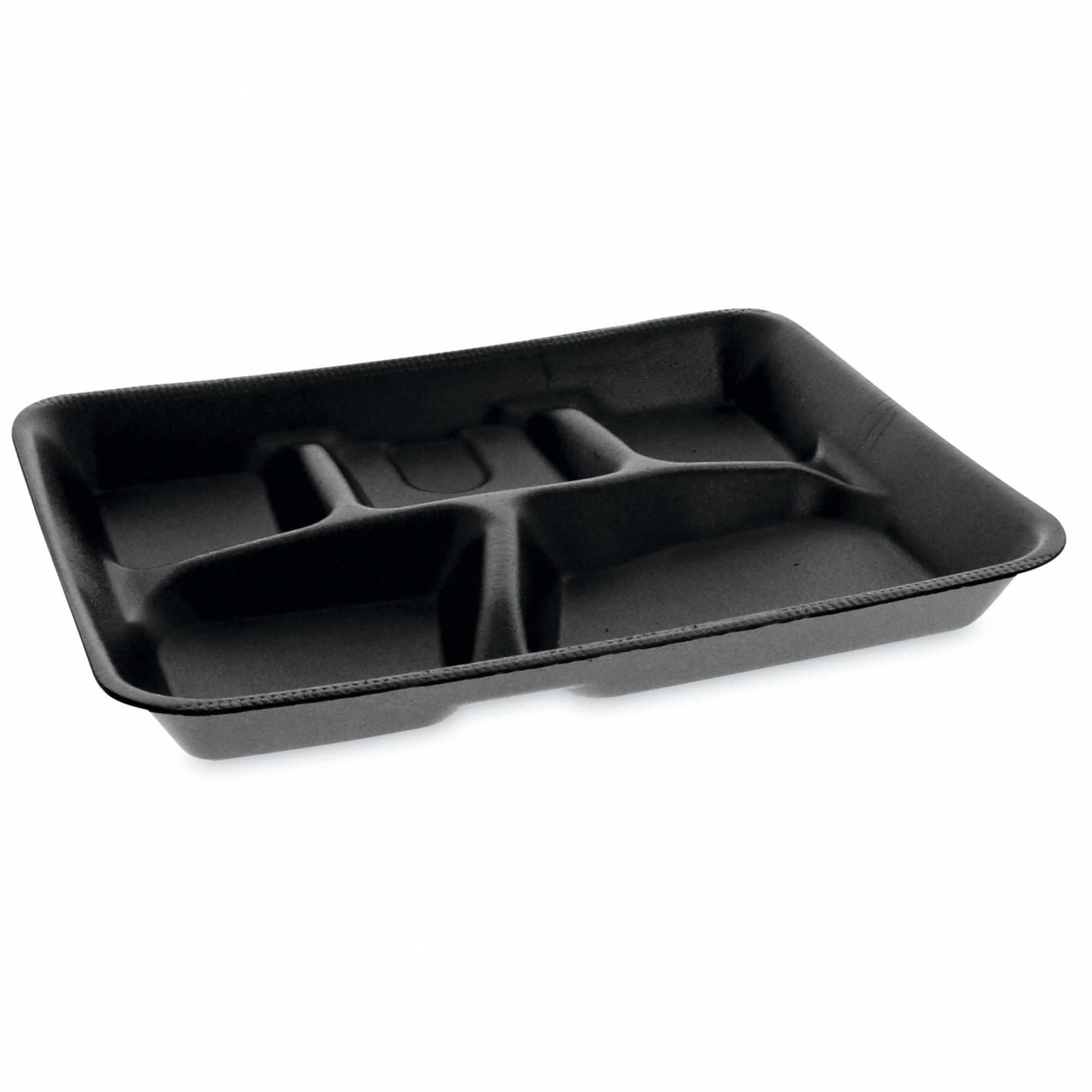 Disposable Food Tray: 5 Compartments, 1 in Ht, 8 1/4 in Wd, 1 in Lg, Black, 500 PK