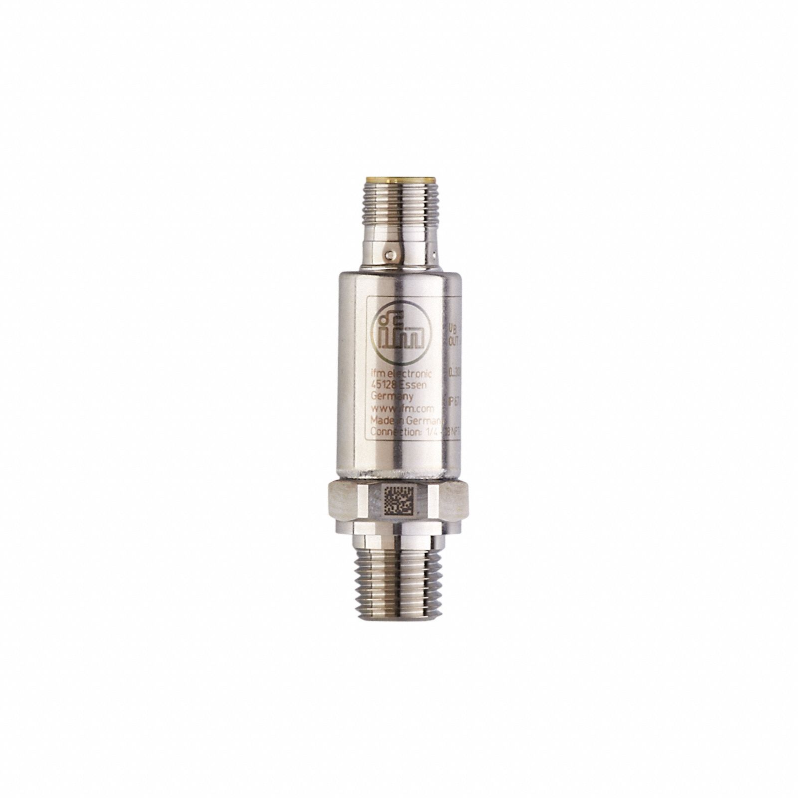 Pressure Transmitter: 250 psi, 4 to 20mA, 4-Pin M12 Connector, 1/4 in Male NPT, IP67/IP69K (MPN PT2415). Key specifications — Accuracy: ±0.5%; Burst Pressure: 2,900 psi; IP Rating: IP67; Housing Material: Stainless Steel; Power Required: 8.5 to 36V DC; Output: 4 to 20mA; Overpressure: 250 psi; Process Connection Type: NPT.