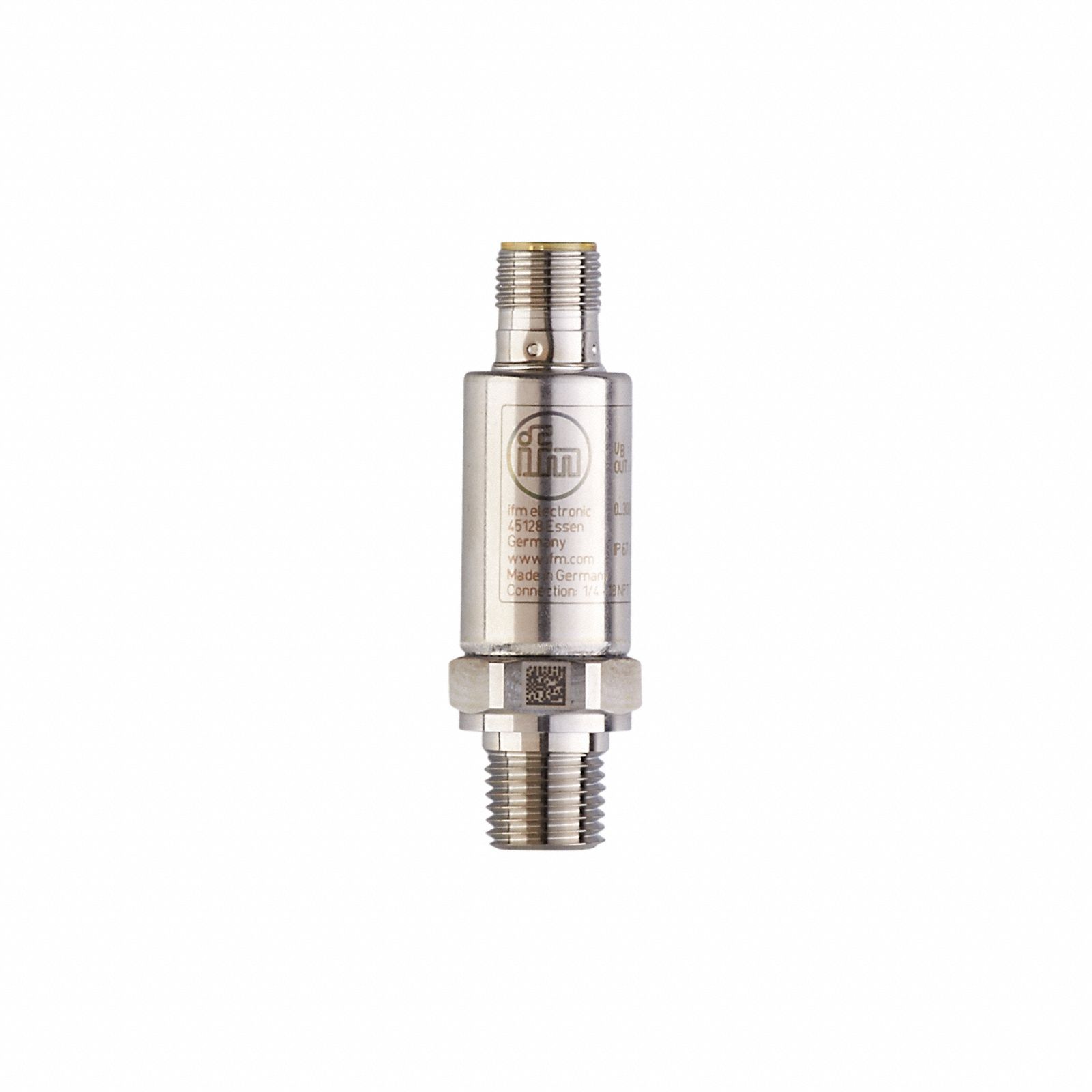 Pressure Transmitter: 940 psi, 4 to 20mA, 4-Pin M12 Connector, 1/4 in Male NPT, IP67/IP69K (MPN PT2334). Key specifications — Accuracy: ±0.5%; Burst Pressure: 8,700 psi; IP Rating: IP69K; Housing Material: Stainless Steel; Power Required: 8.5 to 36V DC; Output: 4 to 20mA; Overpressure: 940 psi; Process Connection Type: NPT.