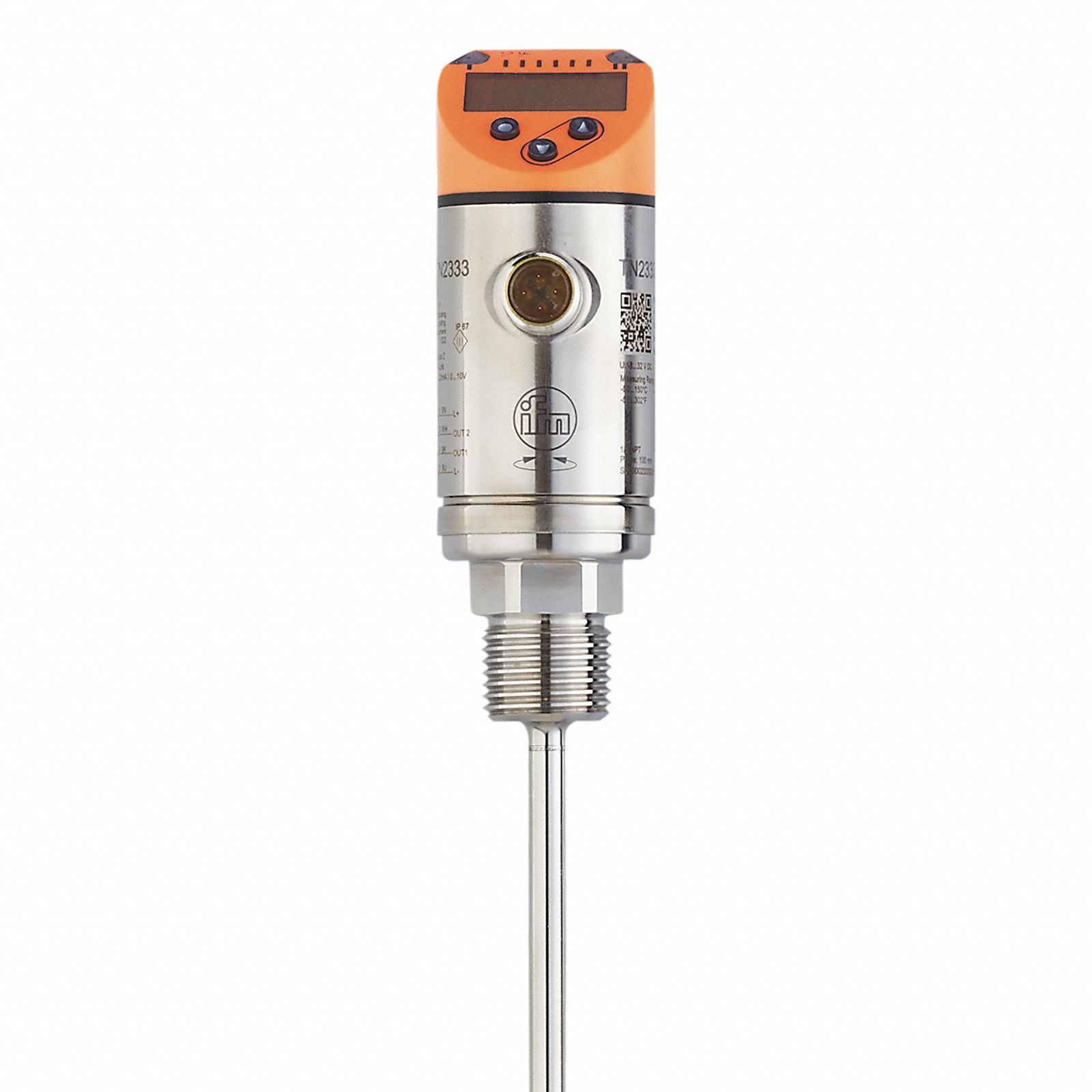 IFM Temperature Transmitter: 1/2 in NPT, -50°C to 150°C, 83.4 mm Probe, Pt 1000 RTD, IO-Link (MPN TN2333). Key specifications — attr1115387: 4 to 20mA; attr1115430: IFM; attr1399825: IO-Link; attr1115397: Pt 1000 RTD; attr1115407: ±0.3°C; attr1399824: COM2 (38.4 kBaud); attr1115428: -50 °C to 150 °C.