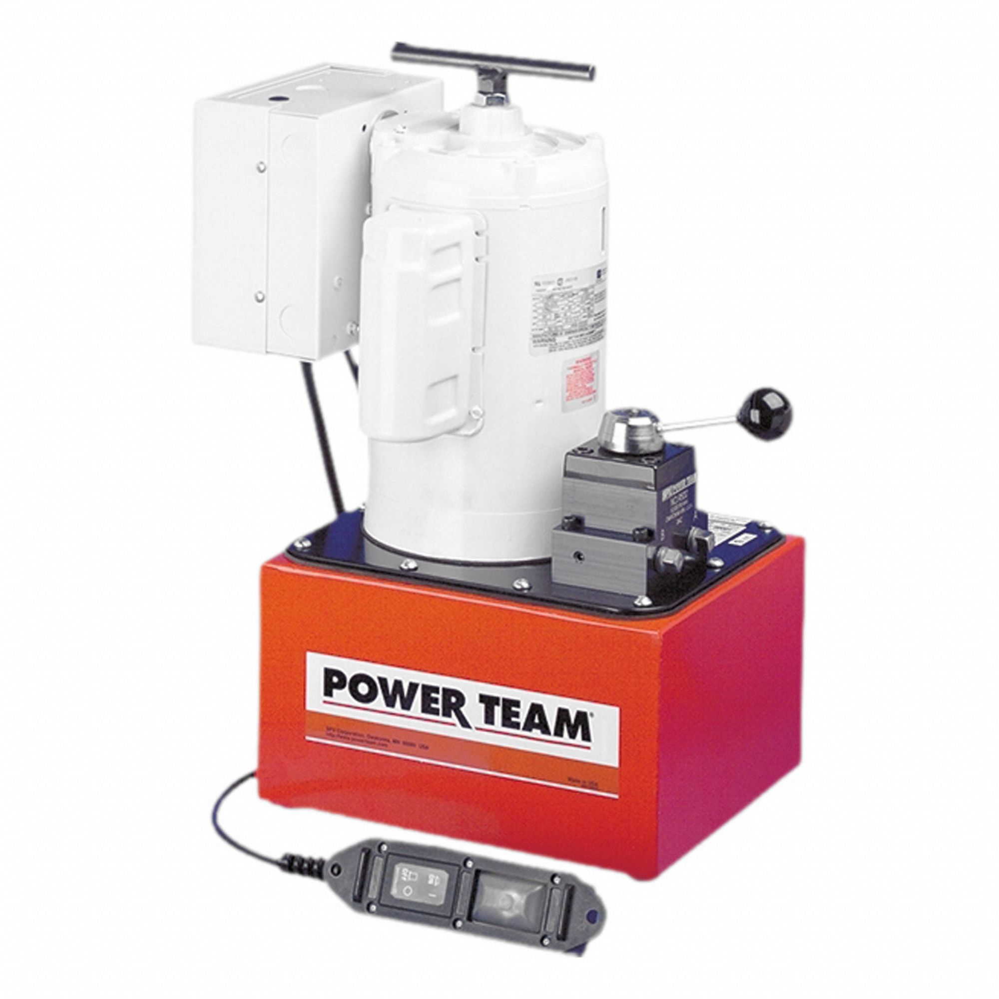 POWER TEAM Electric Hydraulic Pump Units: 10,000 psi Max. Op Pressure, 500 cu in/min Max. Flow Rate (MPN PE464). Key specifications — attr941810: PE464; attr941817: 4-Way; attr941814: Hold.