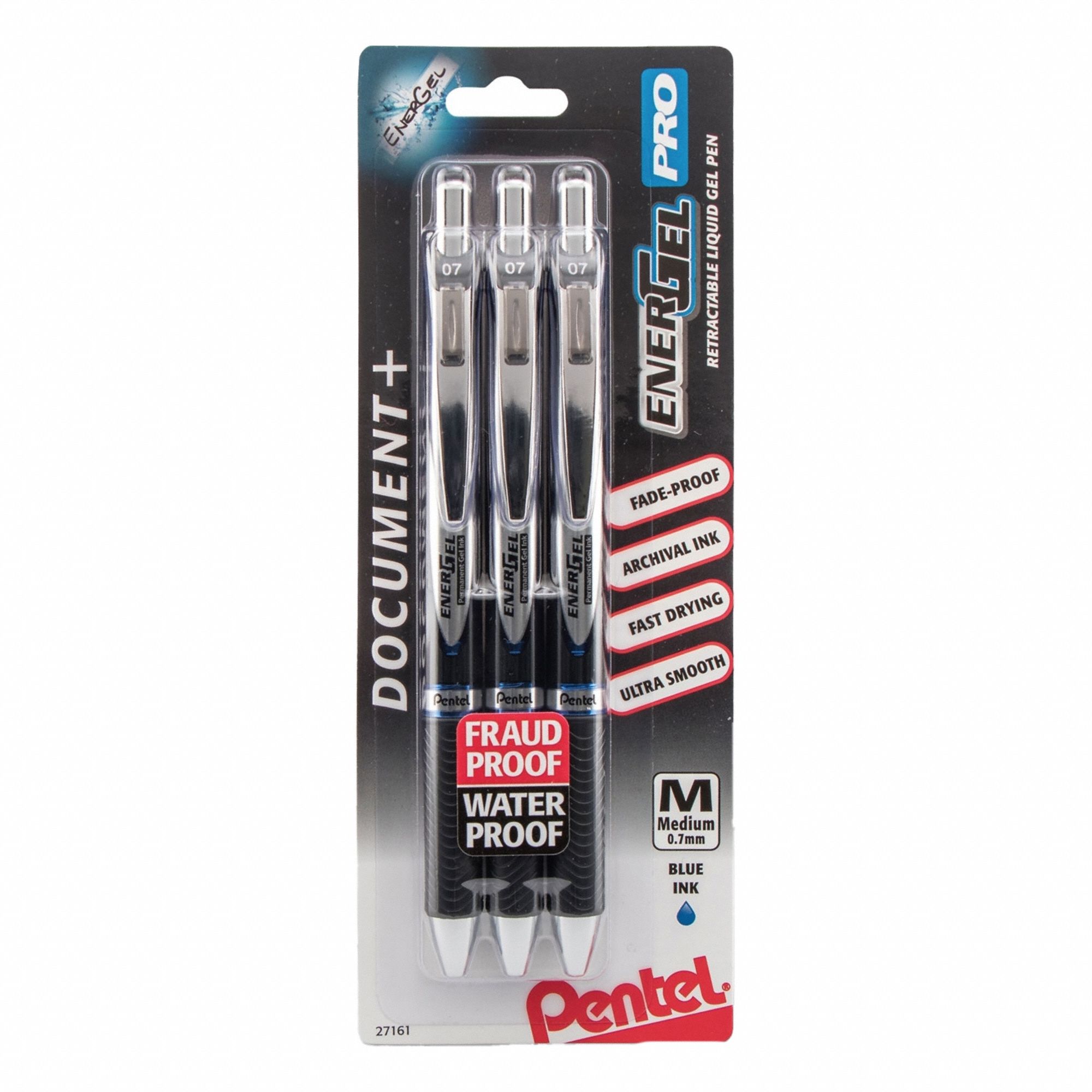 Pen Set: EnerGel PRO®, Blue, 0.7 mm, Retractable, Black, Plastic, Cushion Included, 3 PK