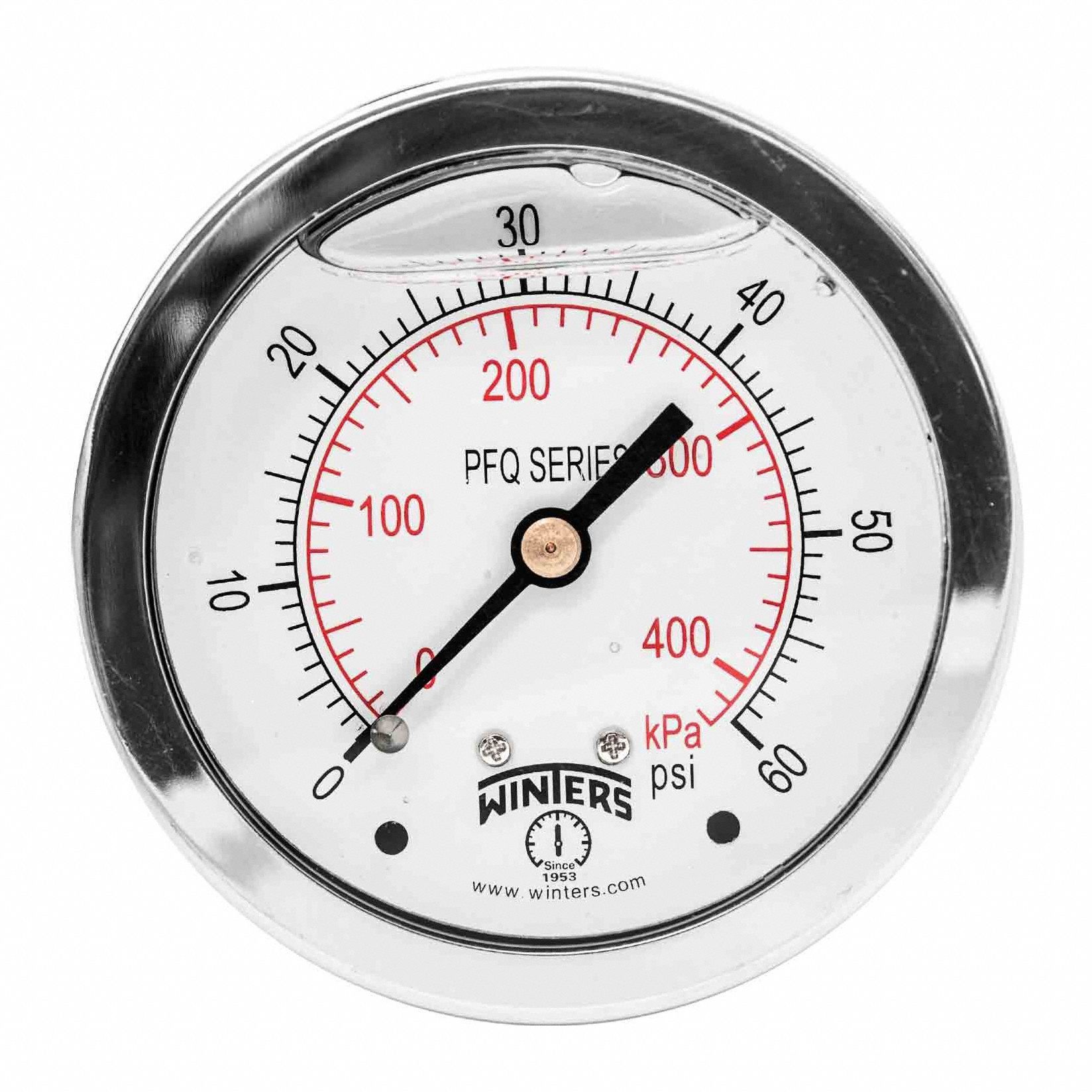 PANEL-MOUNT PRESSURE GAUGE, FRONT FLANGE, 0 PSI TO 60 PSI, 2 1/2 IN DIAL, 1/4 IN NPT MALE, 4