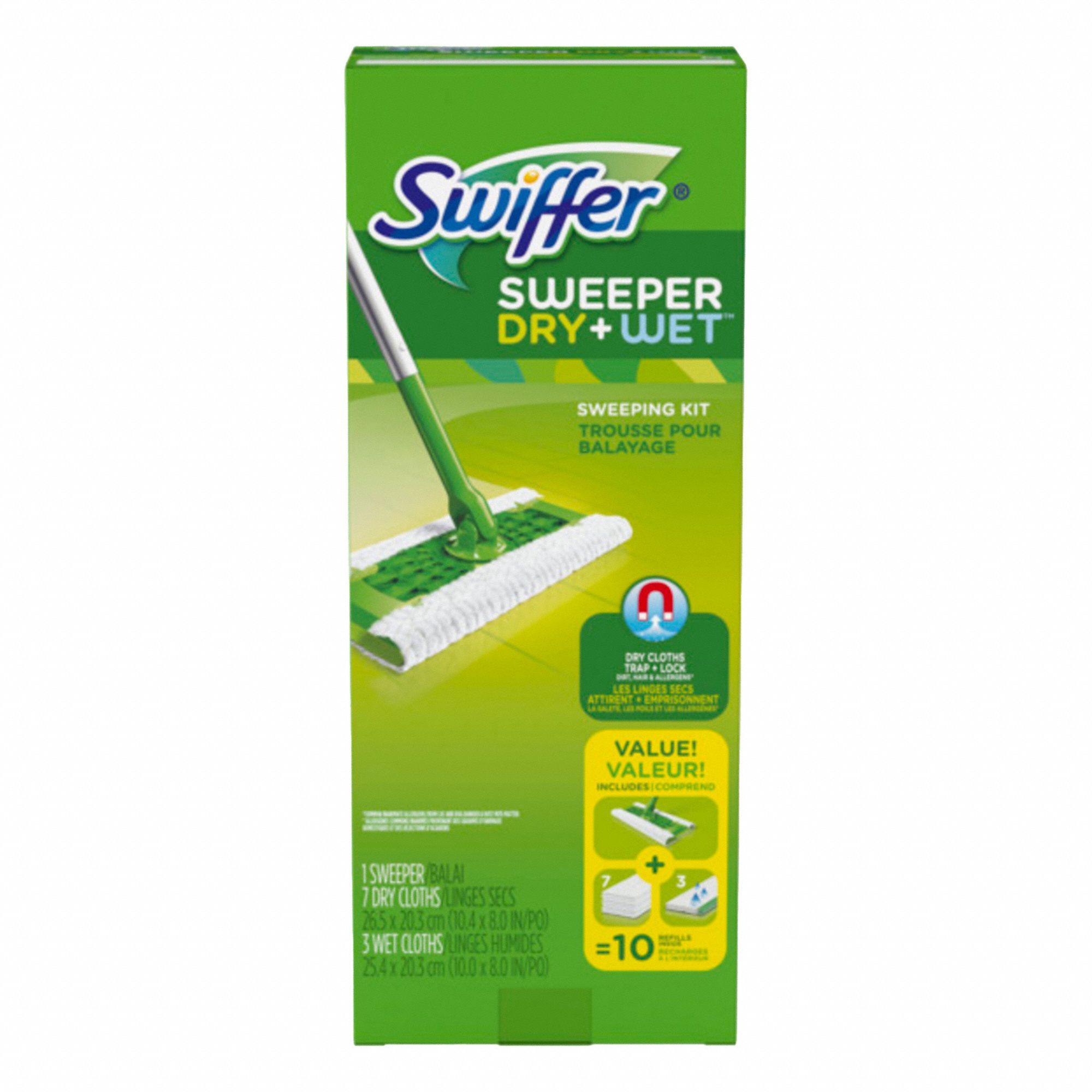 SWEEPER MOP KIT, 7 DRY CLOTH/3 WET CLOTH INCL., GREEN/SILVER, 2 15/16" X 4 7/8", PLASTIC