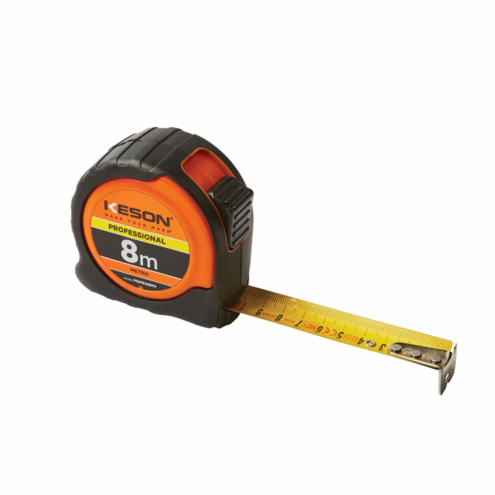 Tape Measure: Nonmagnetic Single Hook Tip, 8 m, Plastic, High-Visibility Orange