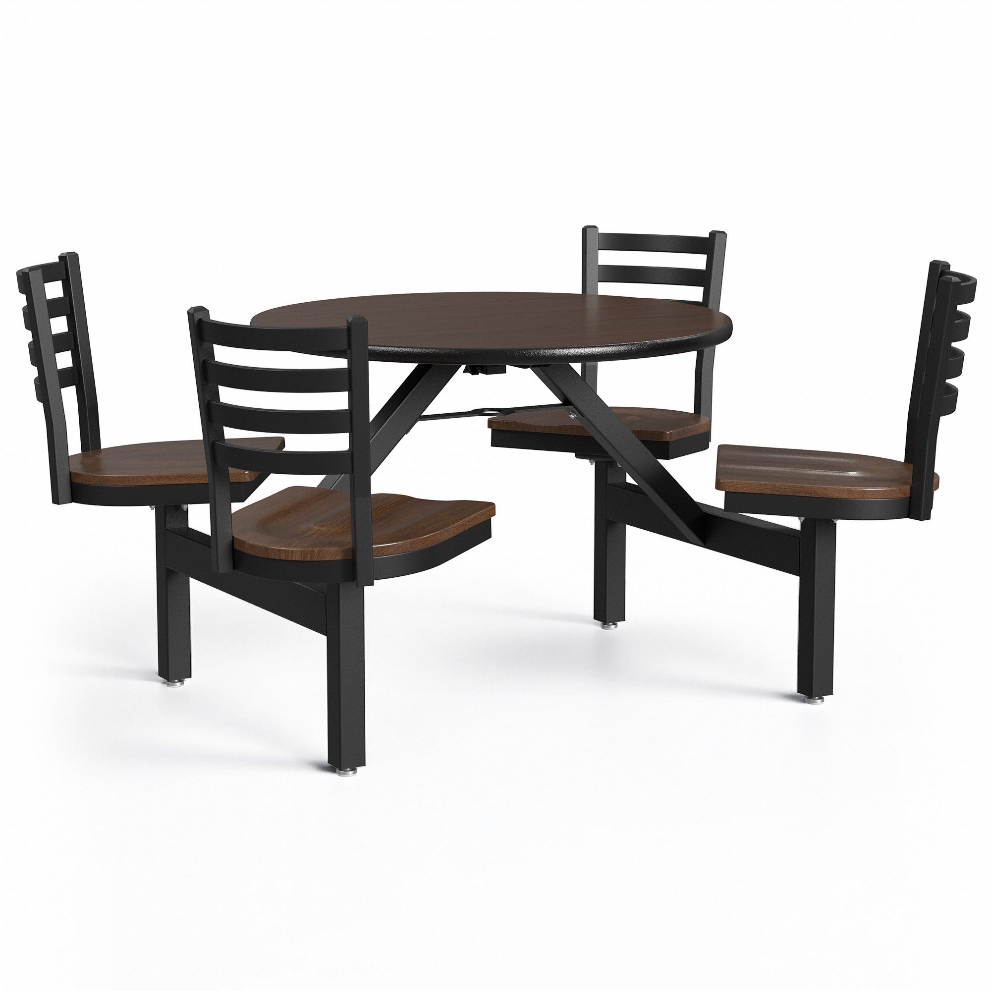 Cafeteria Stool Table: Walnut, Chair Seat, 33 1/8 in Overall Ht, 64 in Overall Dia