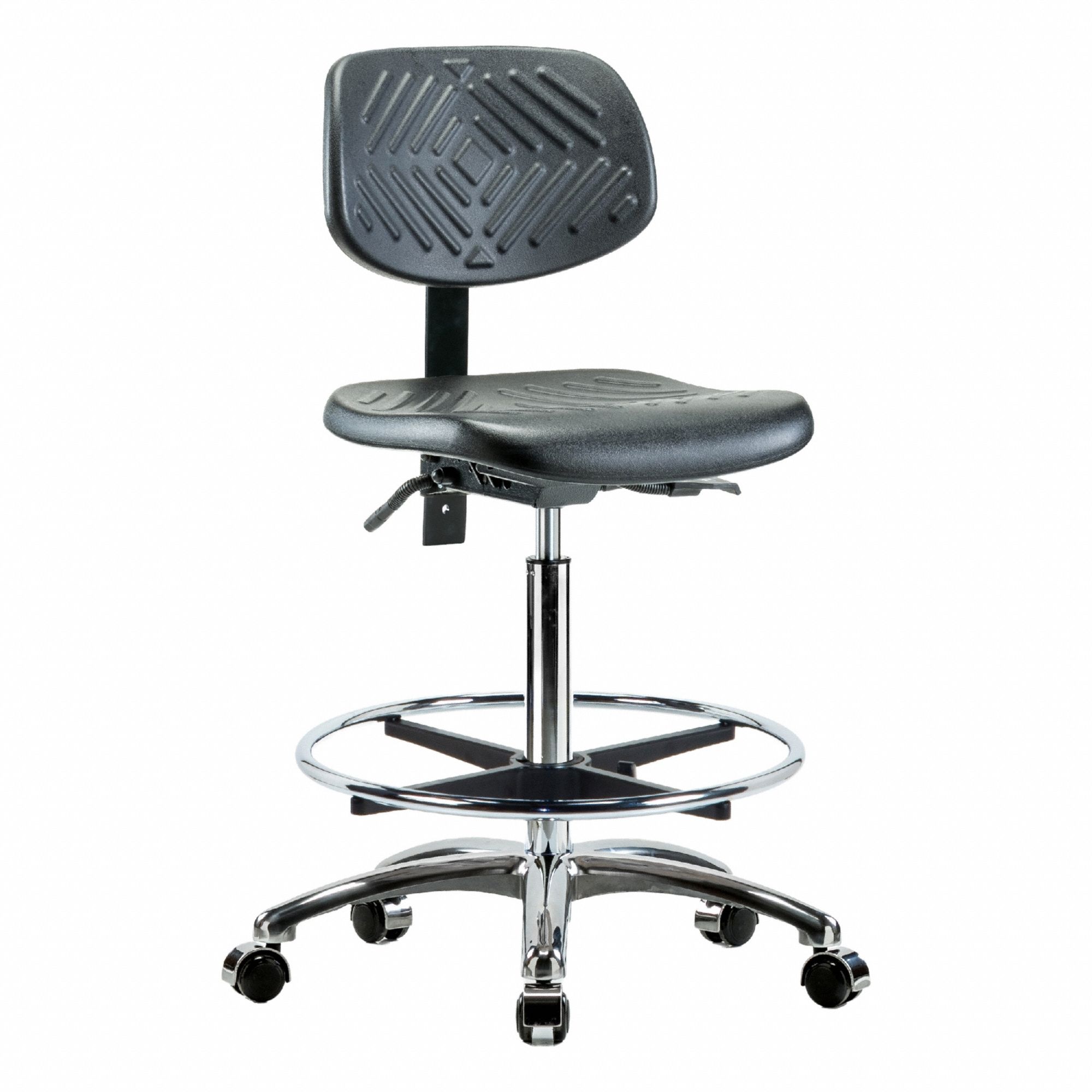 Ergonomic Chair: Polyurethane, Armless, Ht Range 24 1/2 in to 34 3/4 in, 16 in Seat Wd, 5 Casters