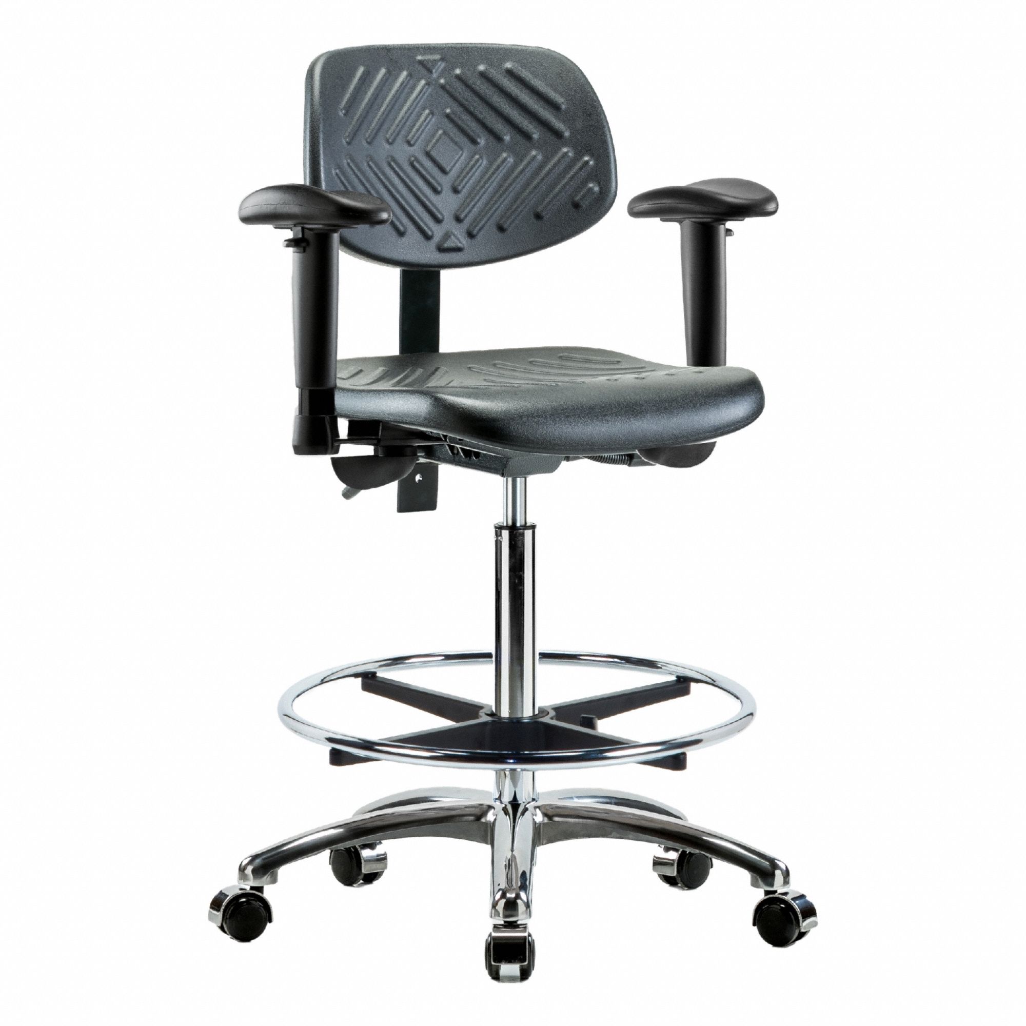Ergonomic Chair: Polyurethane, Arms Included, Ht Range 24 1/2 in to 34 3/4 in, 16 in Seat Wd, Adj
