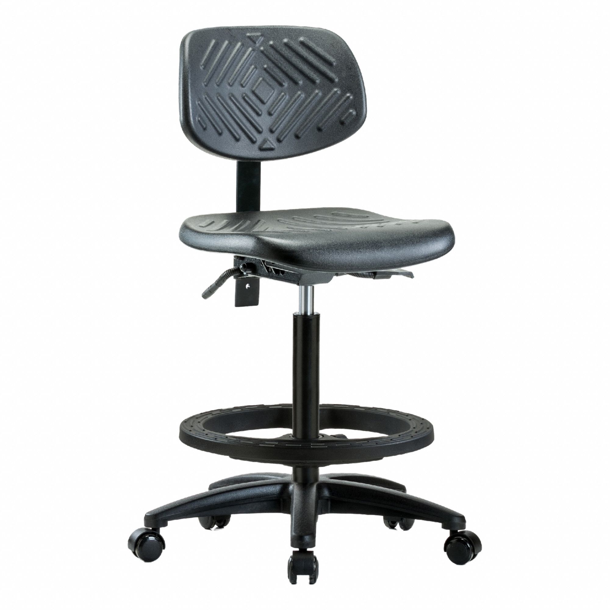 Ergonomic Chair: Polyurethane, Armless, Ht Range 23 1/4 in to 33 1/4 in, 16 in Seat Wd, 5 Casters
