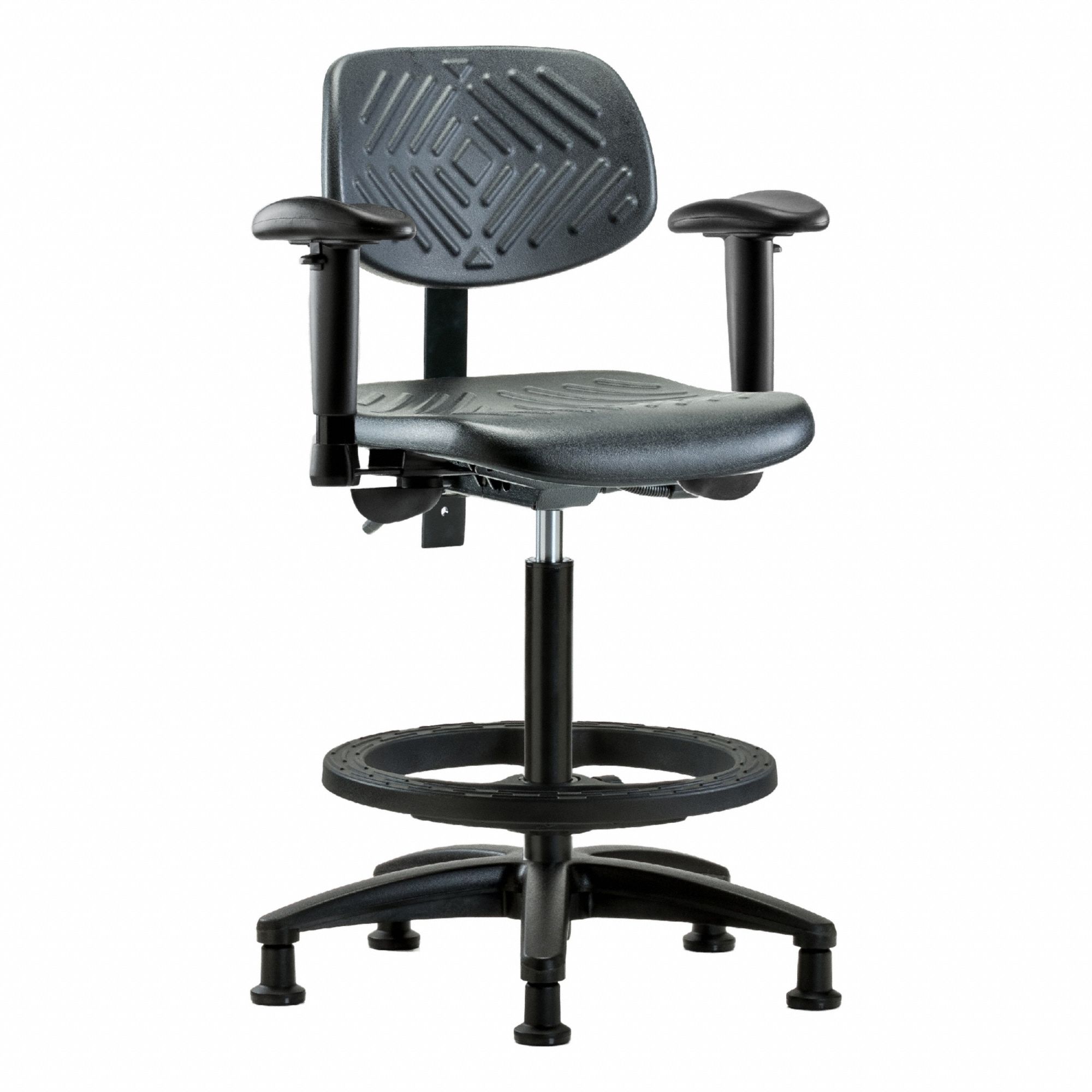 Ergonomic Chair: Polyurethane, Arms Included, Ht Range 23 1/4 in to 33 1/4 in, 16 in Seat Wd, Adj