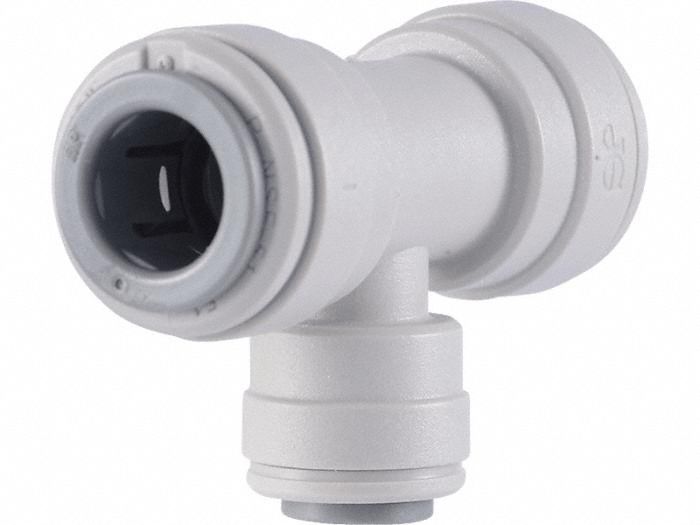 Push-Fit Tee Fitting: Tee, 1/2 in OD 3/8 in OD x 1/2 in OD Size, Acetal, 10 PK