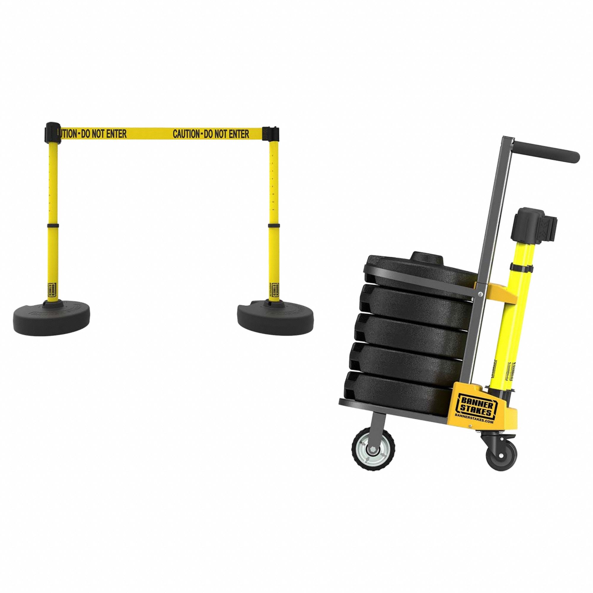 Belt Barrier System: 42 in Post Ht, 15 ft Belt Lg, Yellow, 4 No. of Posts, Message, Fillable Base