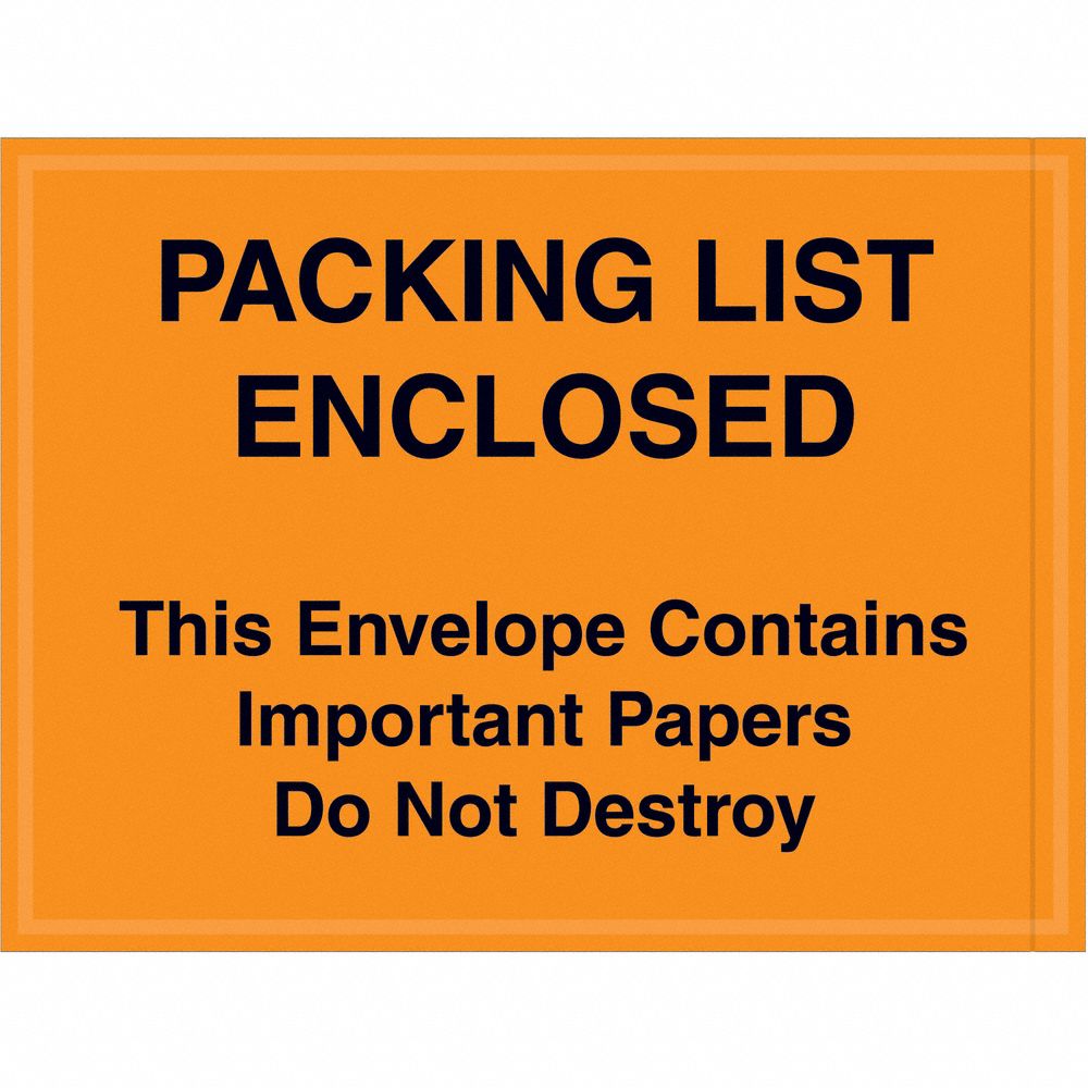 Packing List Envelopes: 6 in Outside Ht, 4 1/2 in Outside Lg, Orange, 1, 000 PK