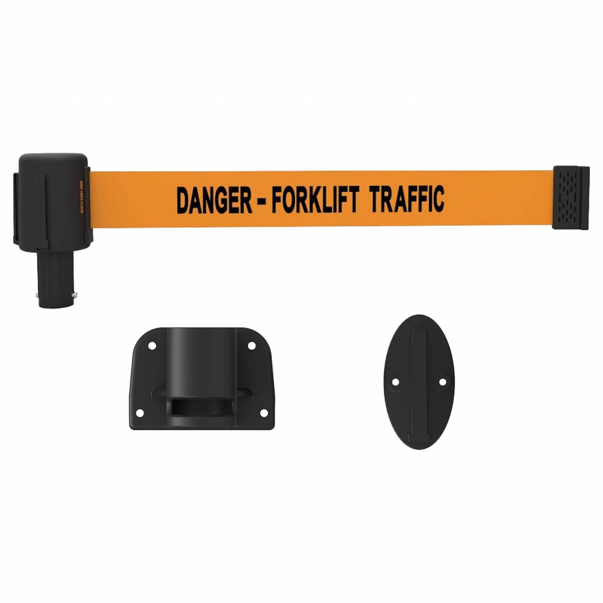 Retractable Belt Barrier: Anchors/Screws, 15 ft Belt Lg, Danger Messaging, Orange