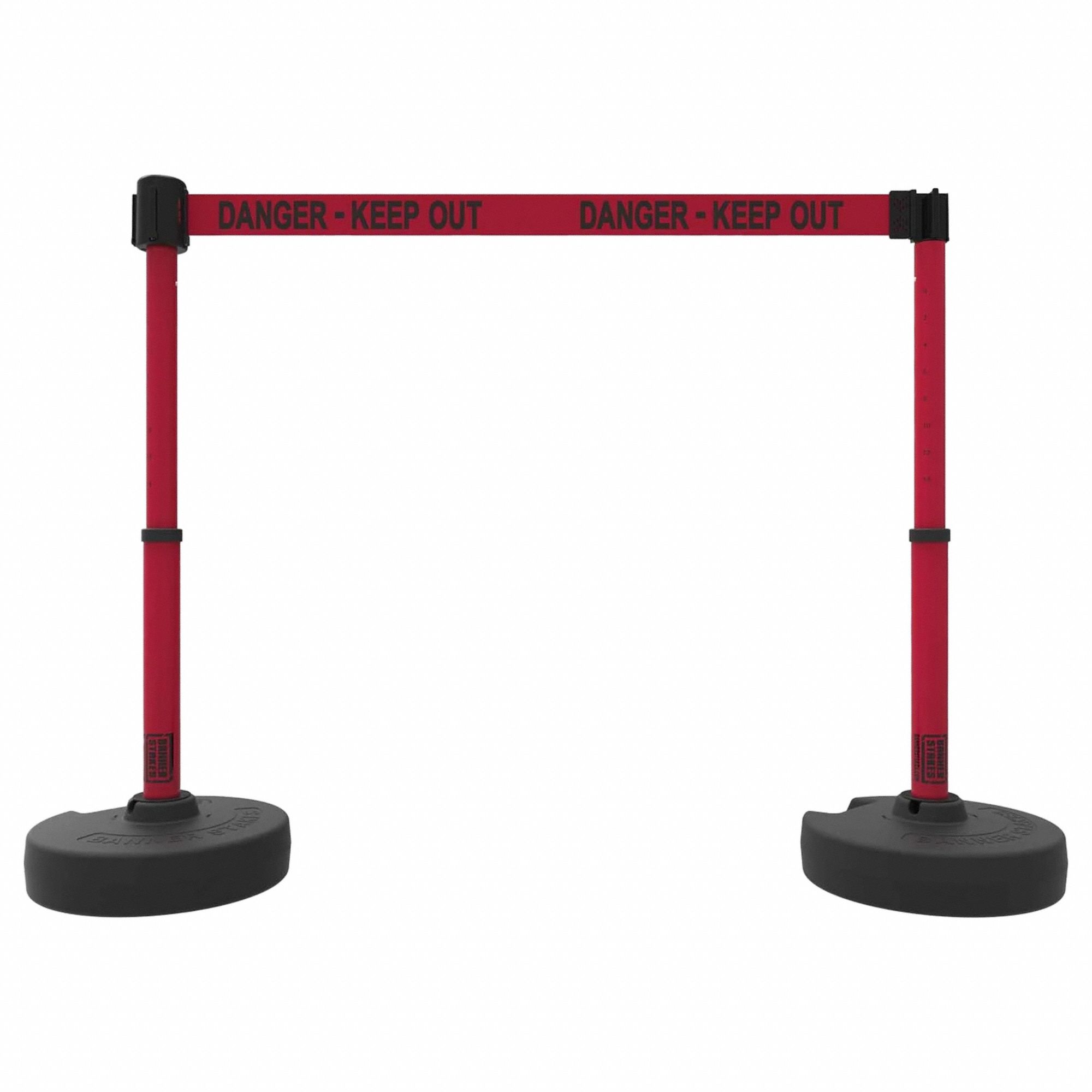 Belt Barrier System: 42 in Post Ht, 15 ft Belt Lg, Red, 2 No. of Posts, Message, Danger Messaging