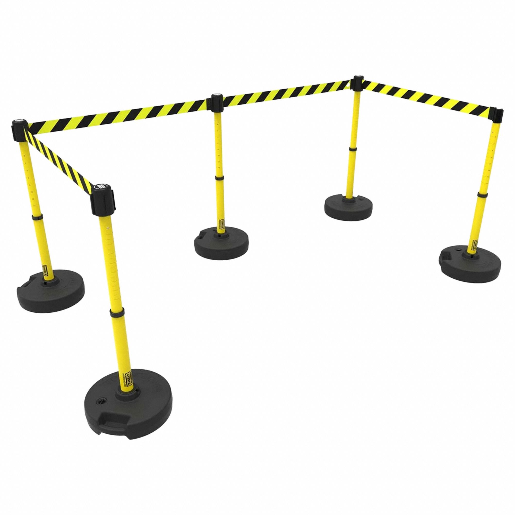 Belt Barrier System: 42 in Post Ht, 15 ft Belt Lg, Black/Yellow, 5 No. of Posts, Pattern, No Message