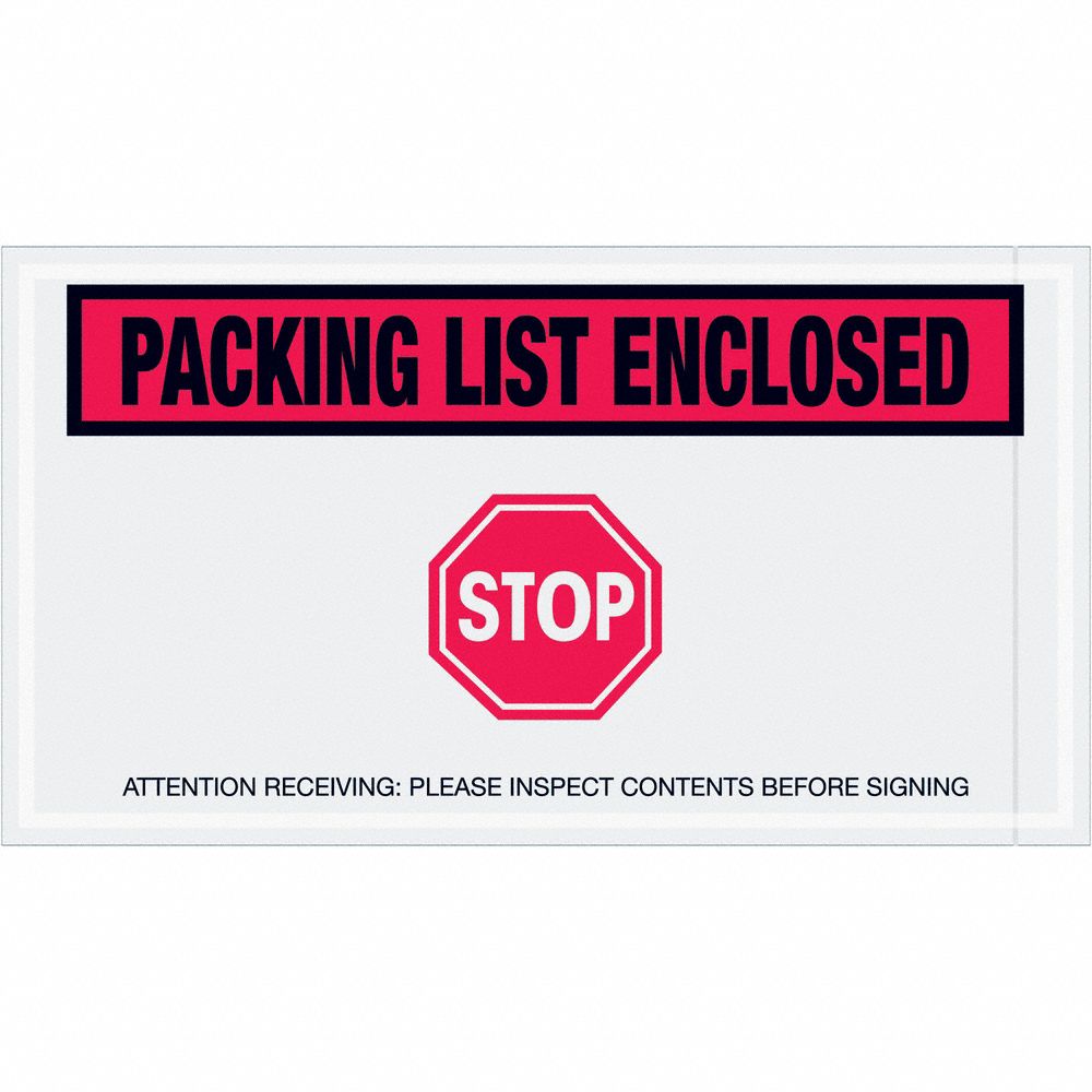 Packing List Envelopes: 10 in x 5 1/2 in, Packing List Enclosed - Stop, 1, 000 PK