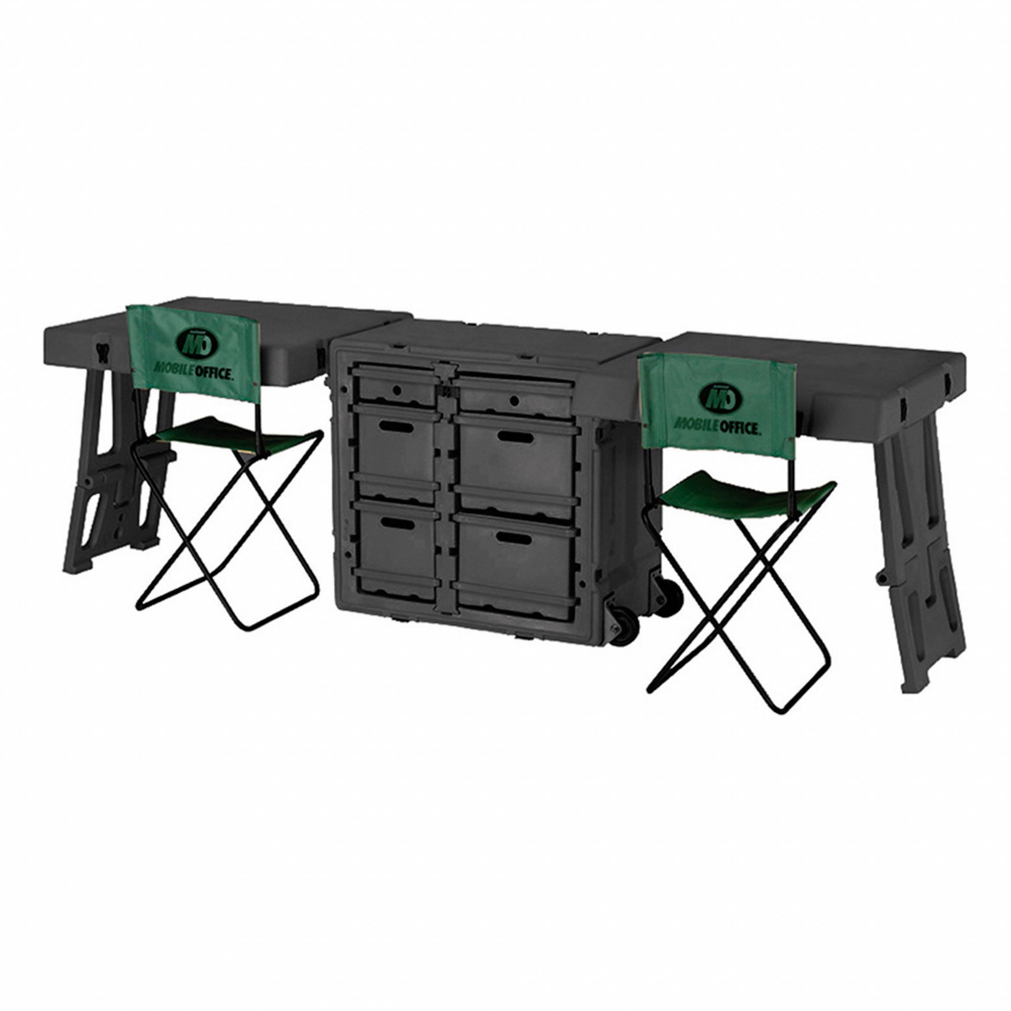 DOUBLE FIELD DESK W FOLDING CHAIR, SIX DRAWERS, BLACK, 34 X 28 1/2 X 24 7/8 IN, POLYETHYLENE