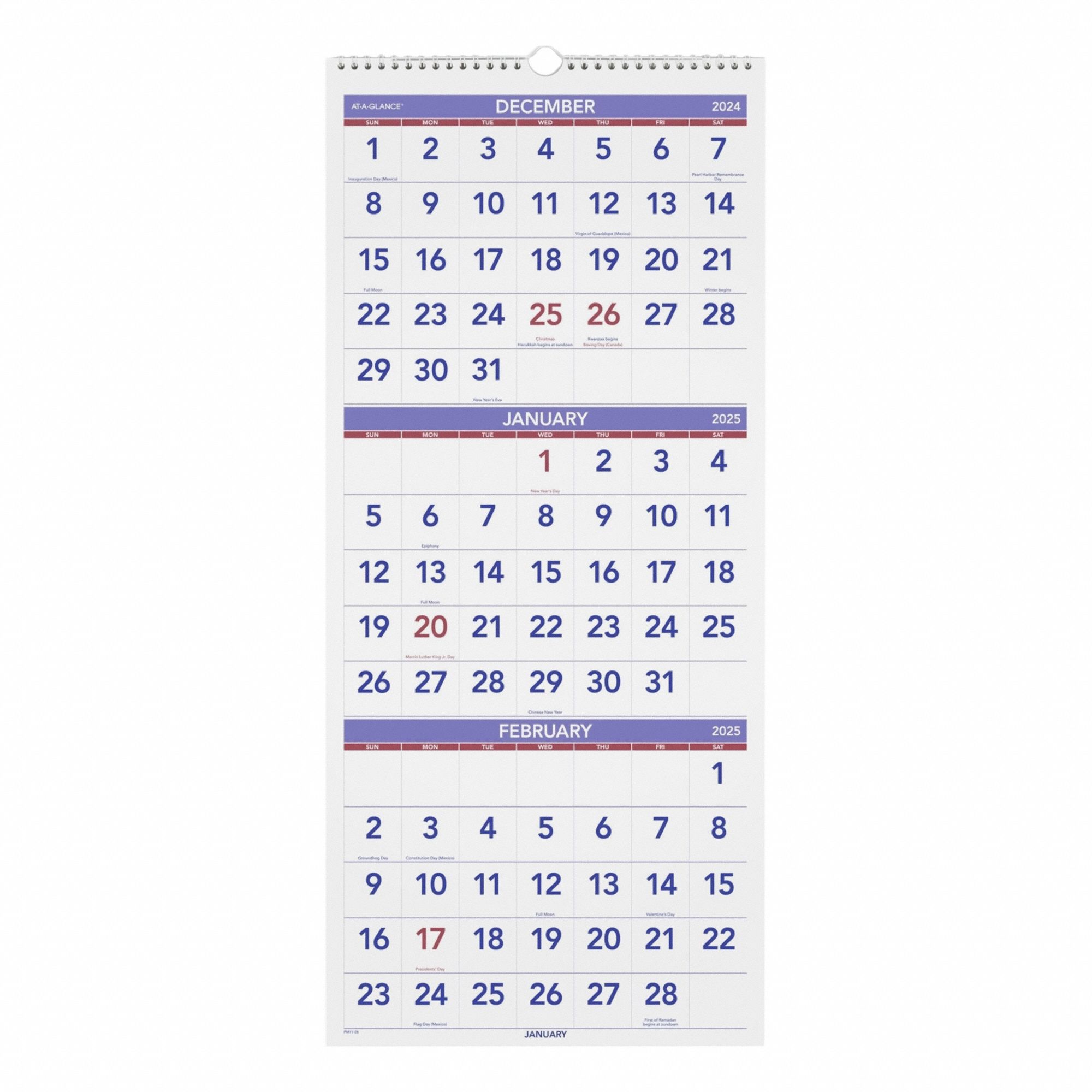 Wall Calendar: 27 in Sheet Ht, 12 in Sheet Wd, 14-Month (Dec-Jan), One Quarter per Page