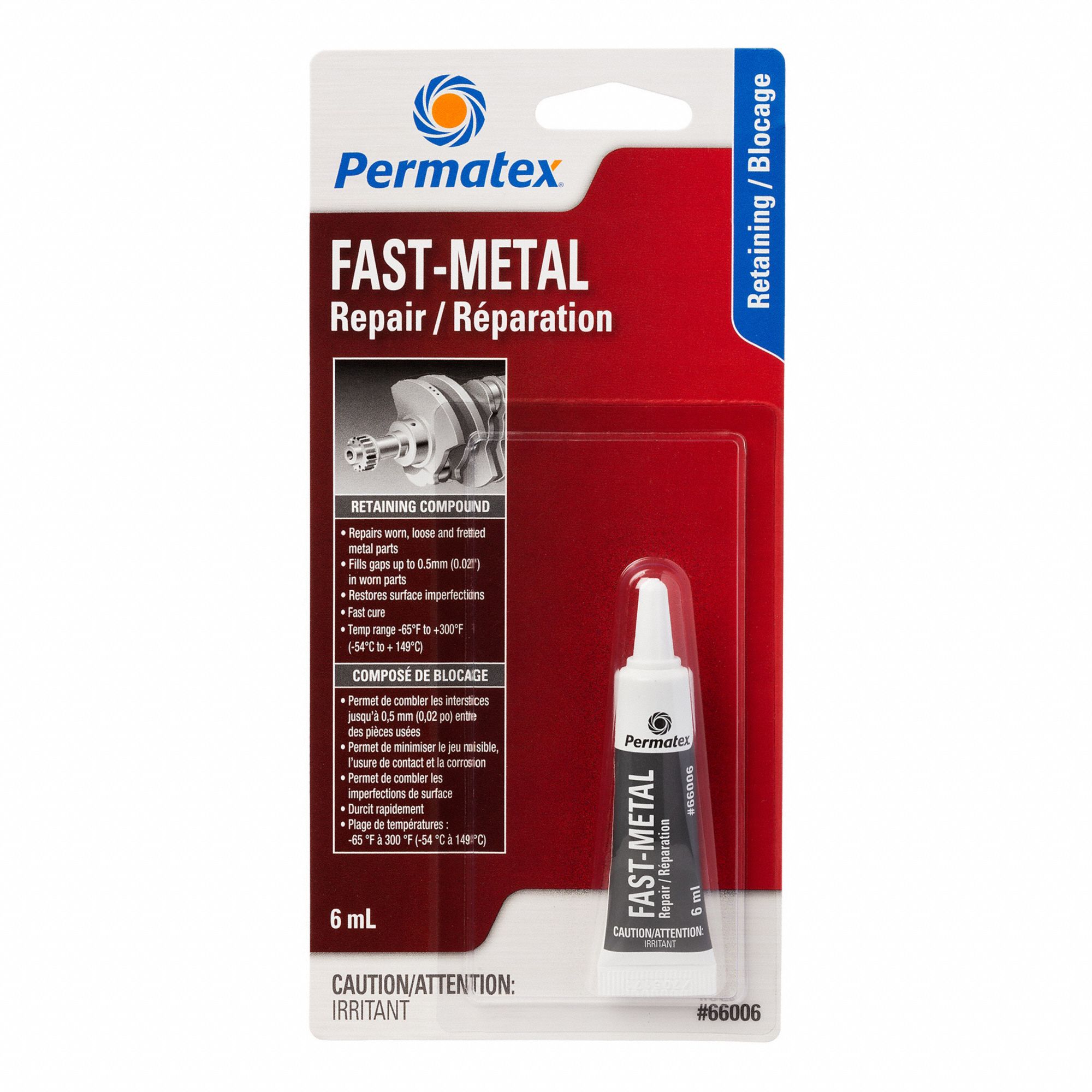 FAST-METAL REPAIR RETAINING COMPOUND, SILVER, 6 ML, 1 TO 2 HOUR CURE, 20 MIN WORK TIME