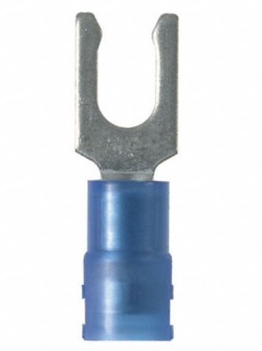 Fork Terminals: Blue, Nylon, #8 Stud Size, 16 AWG – 14 AWG Wire Range, Locking Fork, 600 V