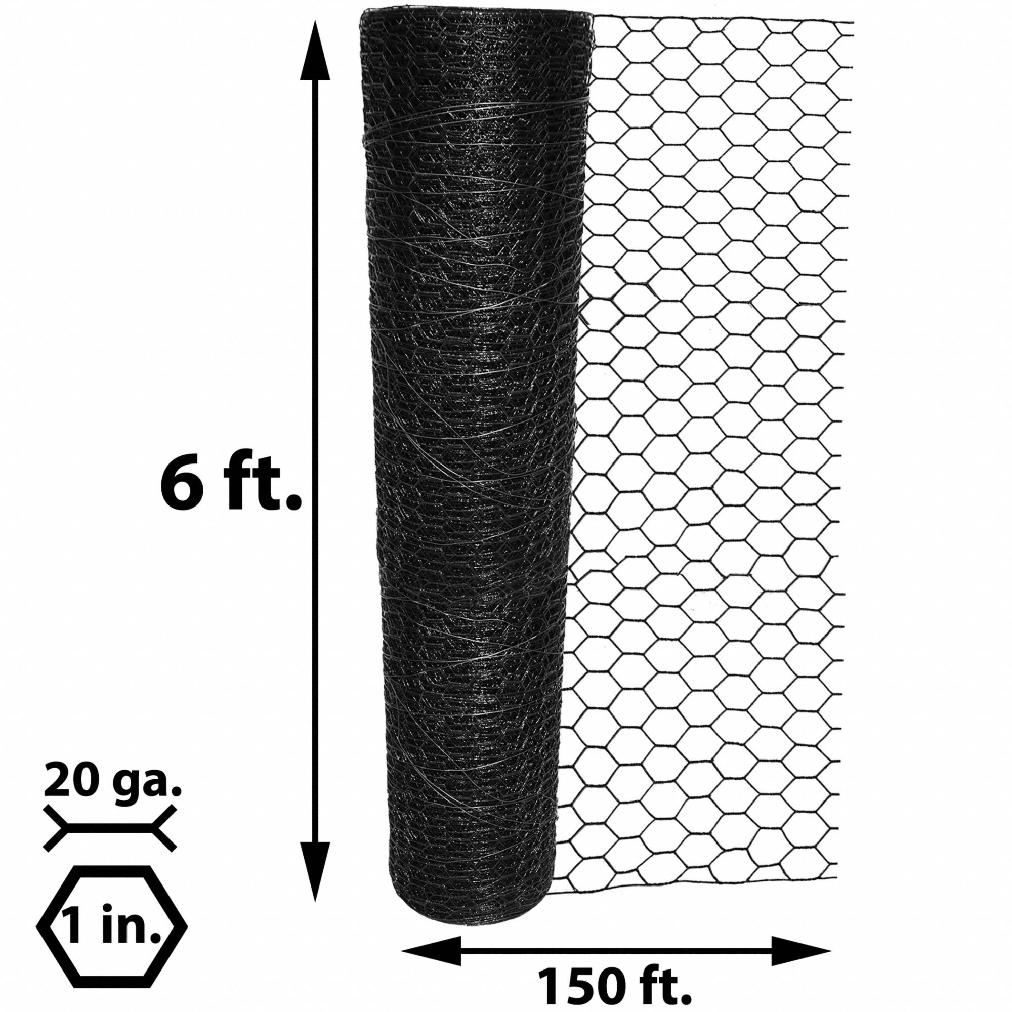 Poultry Netting: 20 ga Gauge, 72 in Ht, 150 ft Lg, 1 in Mesh Size, Steel, Hexagon