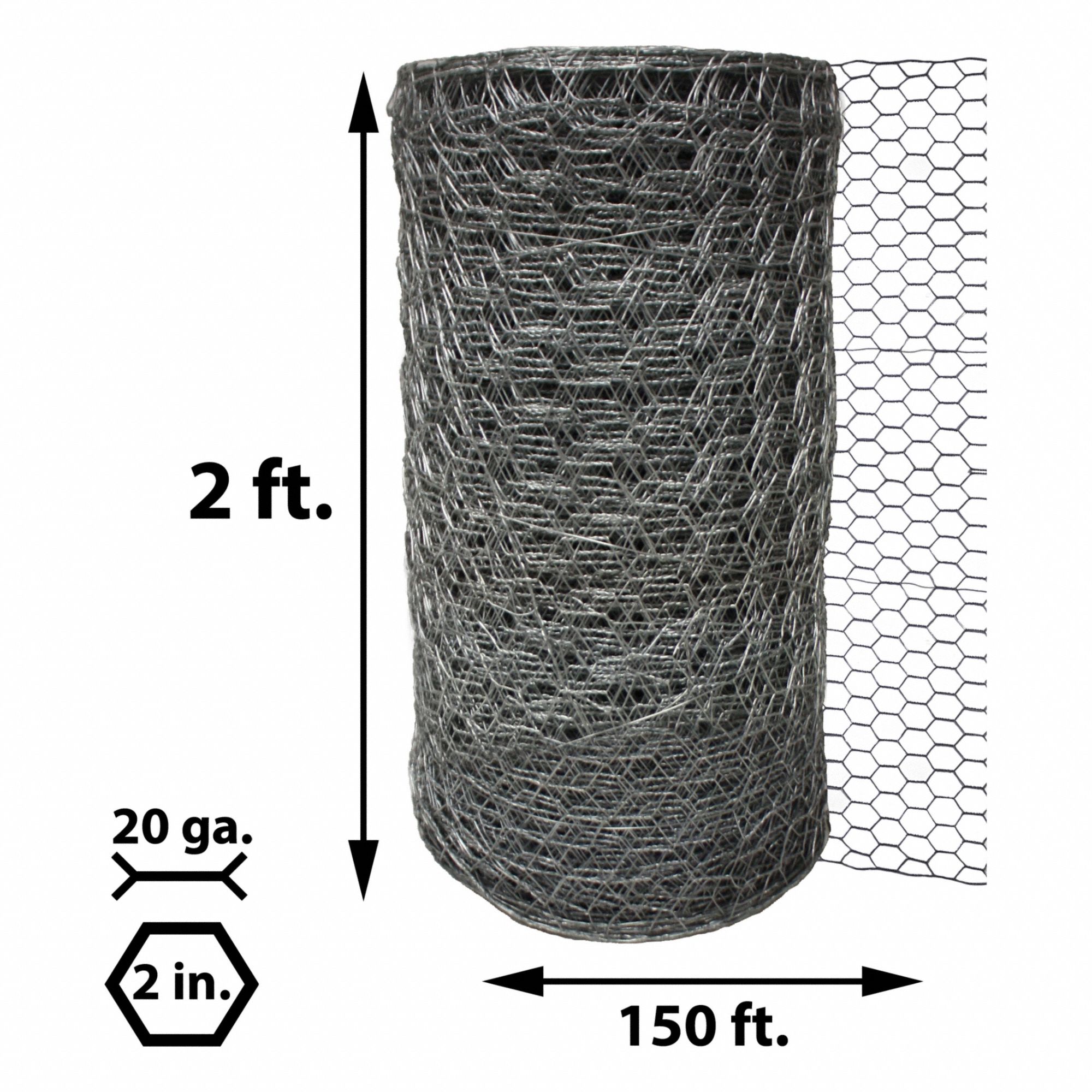 Poultry Netting: 20 ga Gauge, 24 in Ht, 150 ft Lg, 2 in Mesh Size, Steel, Hexagon