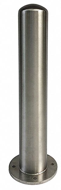 BOLLARD, FIXED, ROUND, 3 MOUNTING HOLES, SILVER, 48 LBS, 36 IN H/6 5/8 IN DIA, STAINLESS STEEL