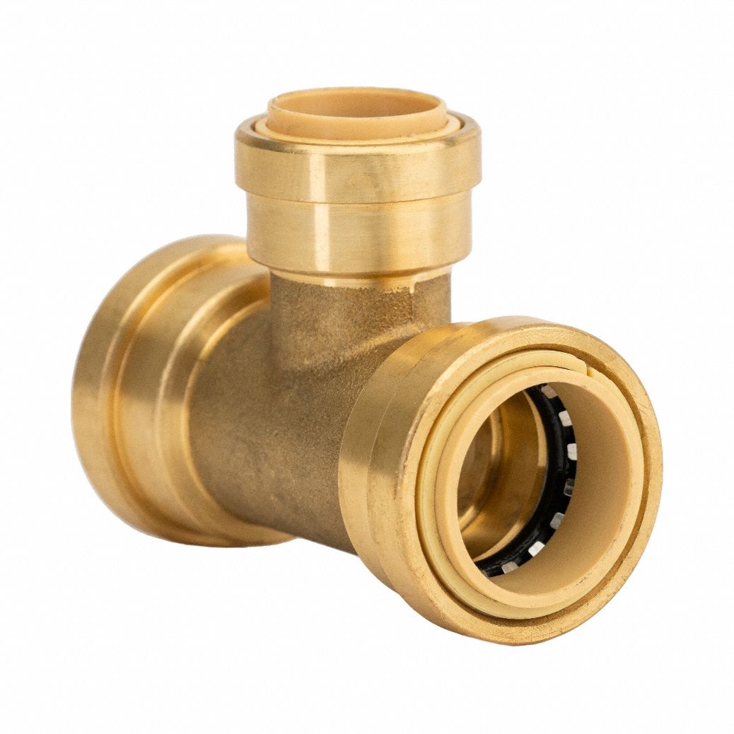 Push-Fit Tee Fitting: 1 in OD x 1 in OD x 3/4 in OD Size, Brass, Reducer