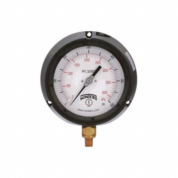 Process Pressure Gauge: 0 psi to 600 psi, Reflective White, 4 1/2 in Dial, 1/4 in NPT Male