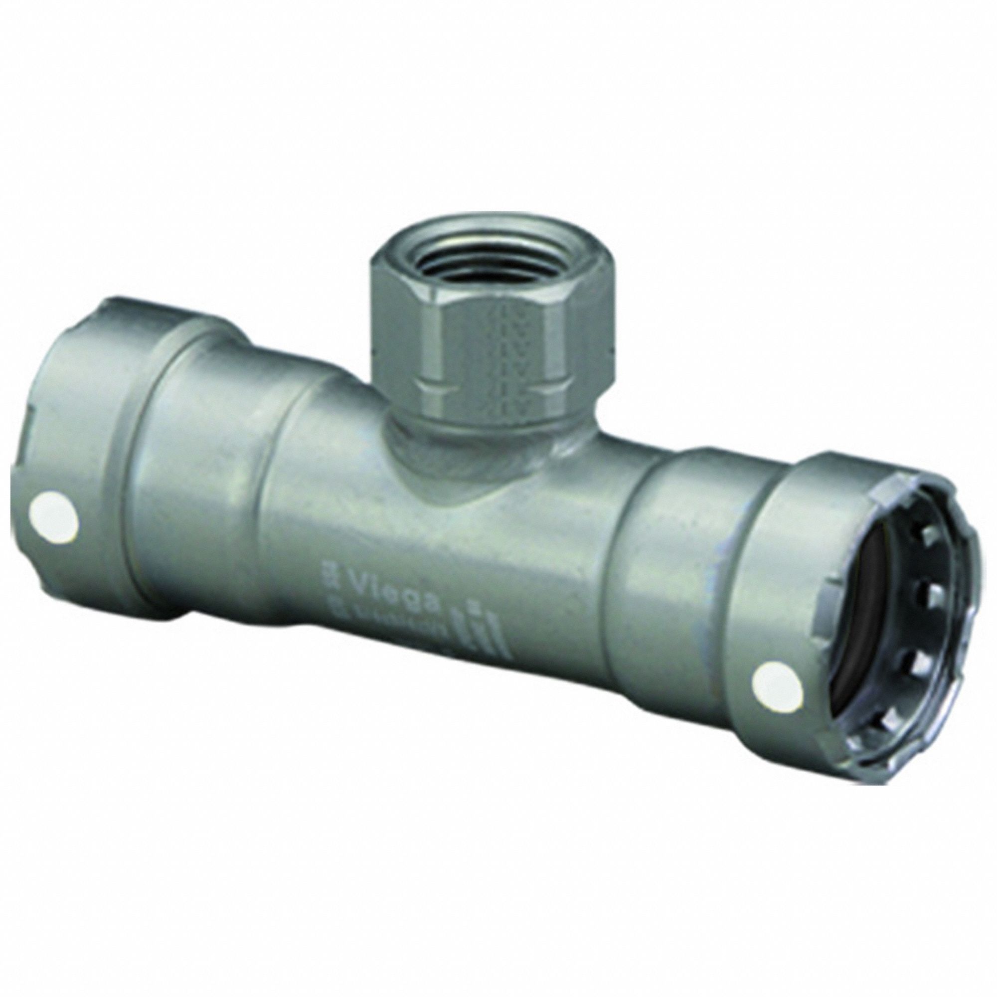 Crimp Tee Fitting: 1 in Pipe x 1 in Pipe x 1/2 in Pipe Size, Carbon Steel, FKM