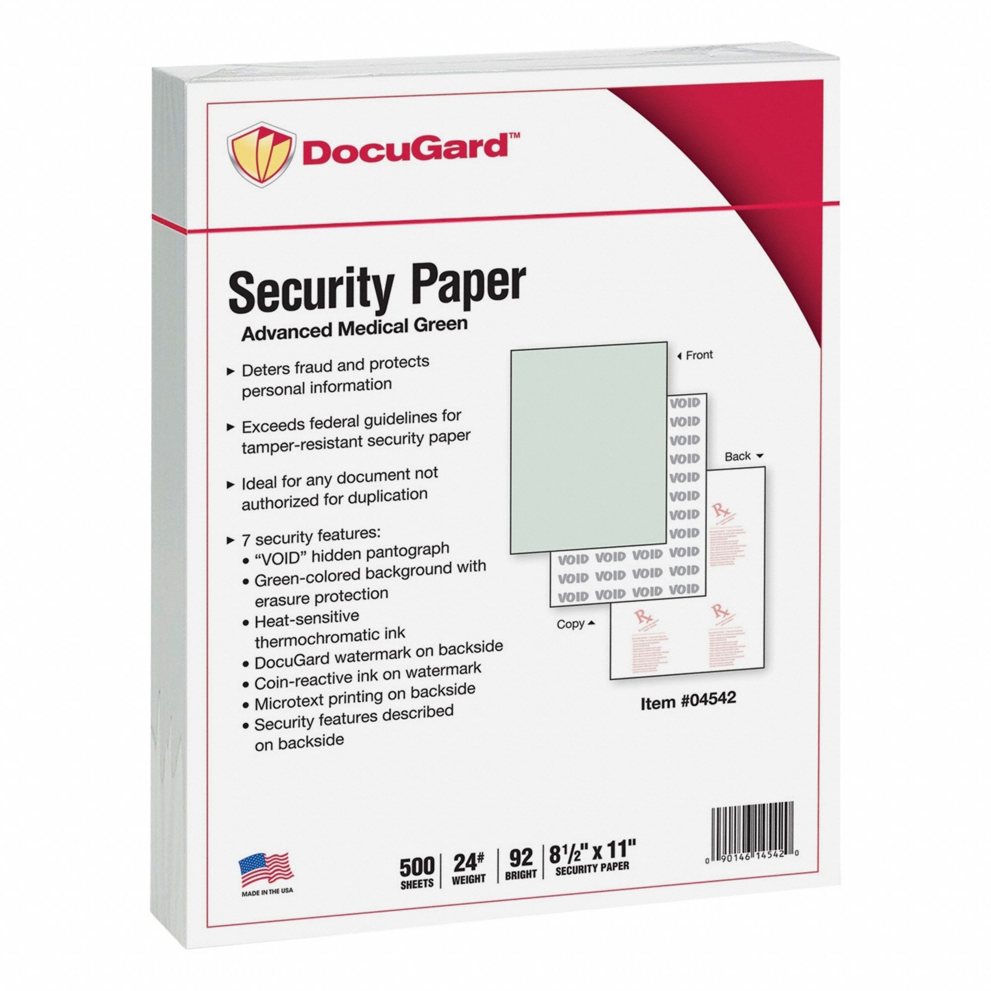 Medical Security Paper: 500, 8 1/2 in, 11 in, 24 lb Paper Wt, Green, Smooth, 92 Brightness
