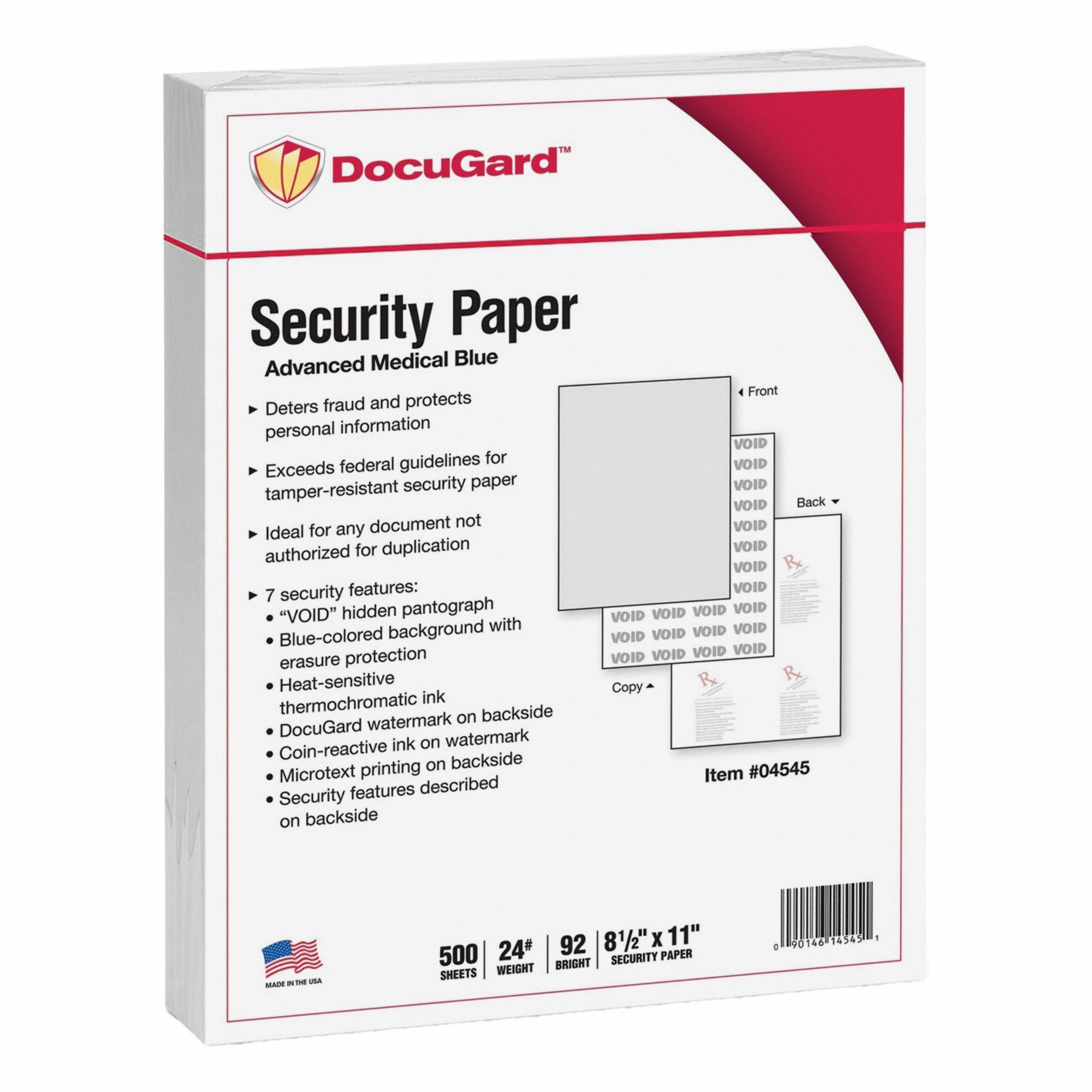 Medical Security Paper: 500, 8 1/2 in, 11 in, 24 lb Paper Wt, Blue, Smooth, 92 Brightness