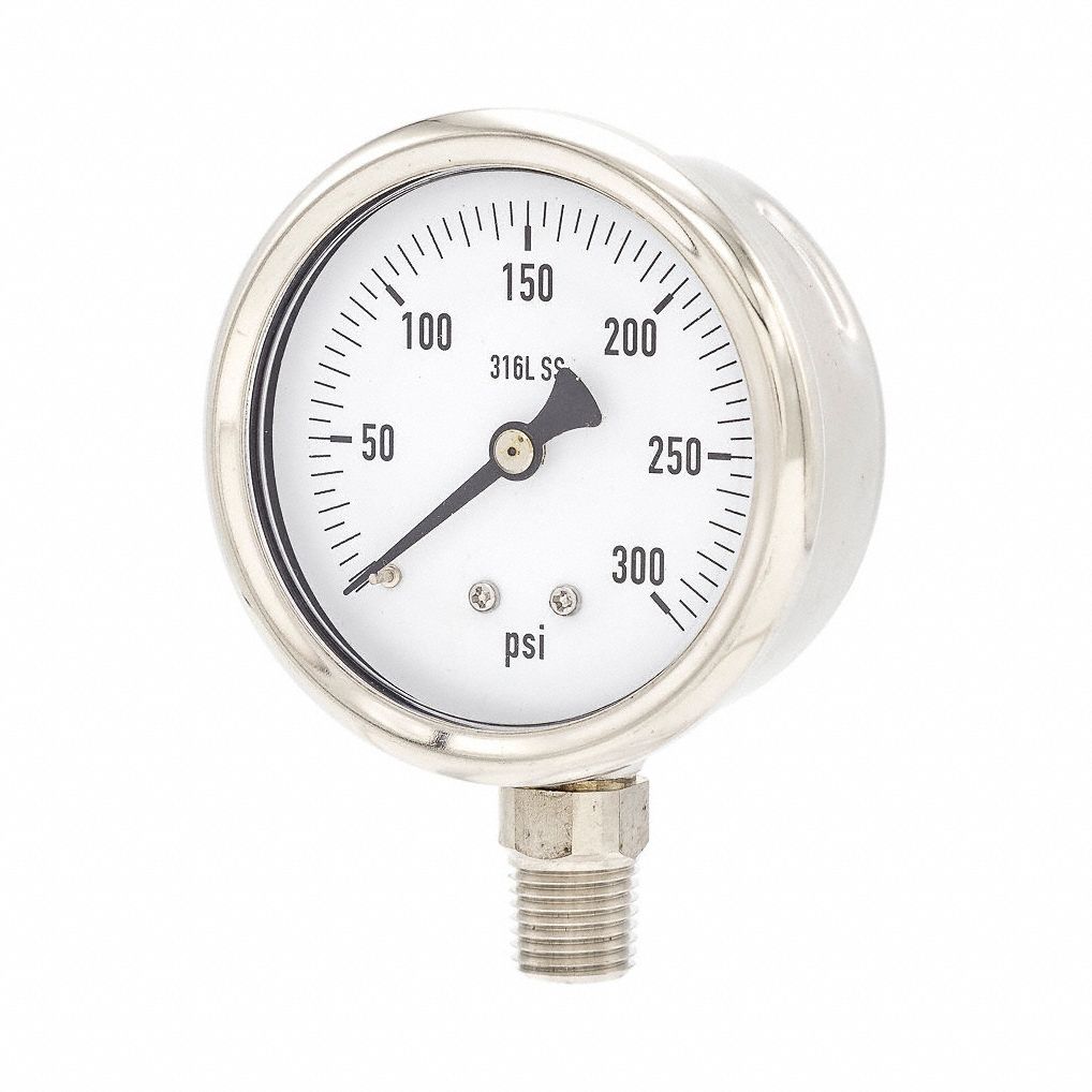 Pressure Gauge: 0 psi / Hg to 300 psi, 2 1/2 in Dial, 1/4 in NPT Male, Bottom, 300