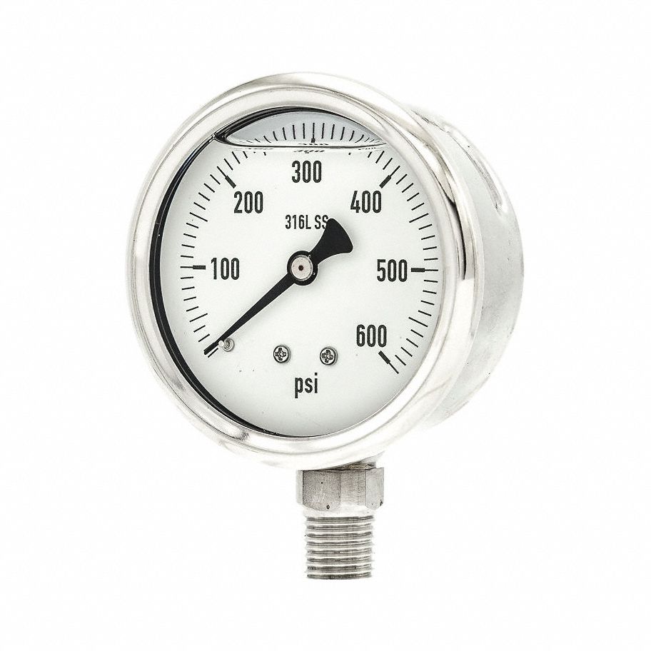 Pressure Gauge: 0 psi / Hg to 600 psi, 2 1/2 in Dial, 1/4 in NPT Male, Bottom, 300