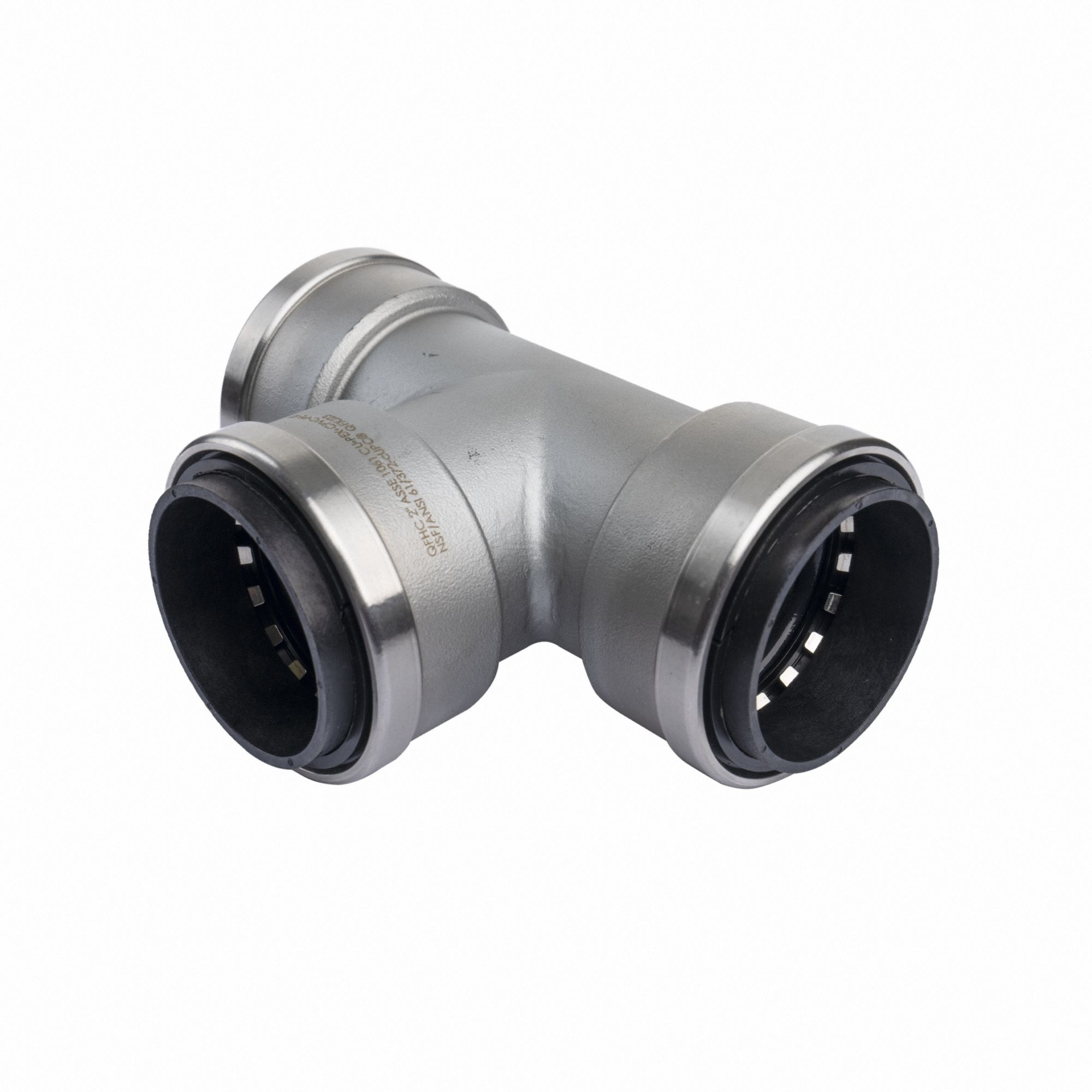 Push-Fit Tee Fitting: 2 in OD x 2 in OD x 2 in OD Size, Stainless Steel, Coupling