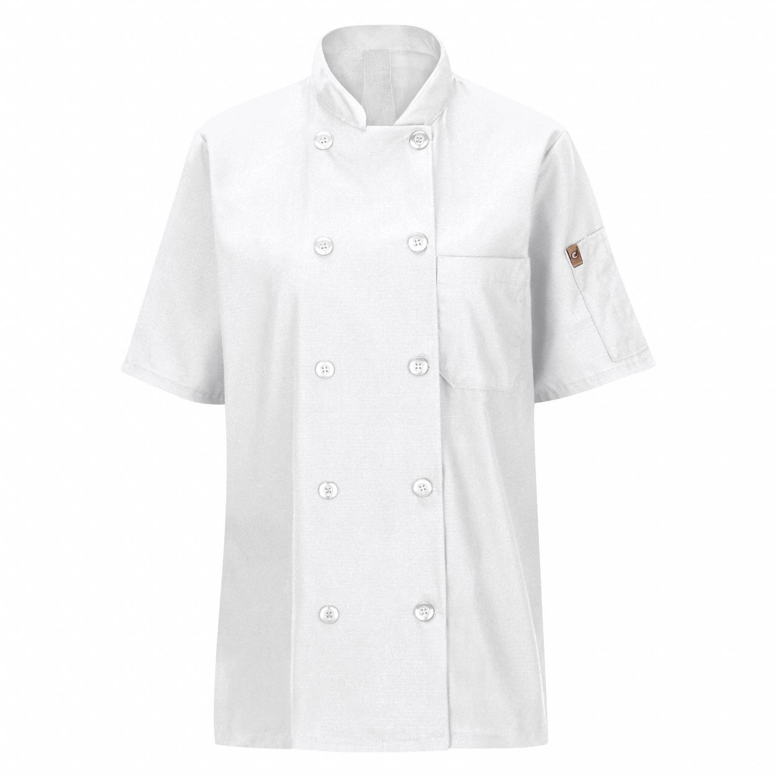 Chef Coat: Women's, 2XL, Short Sleeve, White, 2 Pockets, Stand-Up Collar, Button