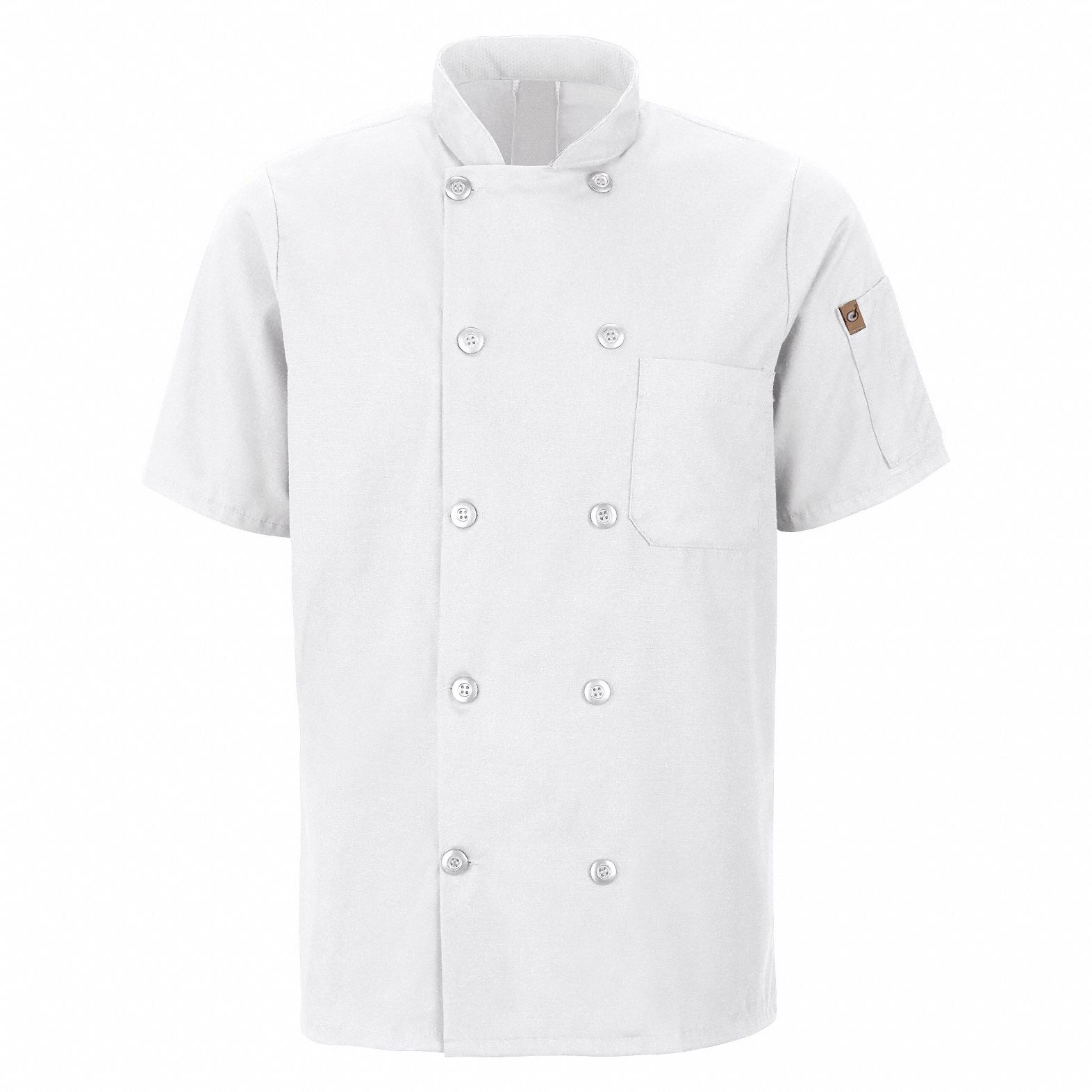 Chef Coat: Men's, 2XL, Short Sleeve, White, 2 Pockets, Stand-Up Collar, Button