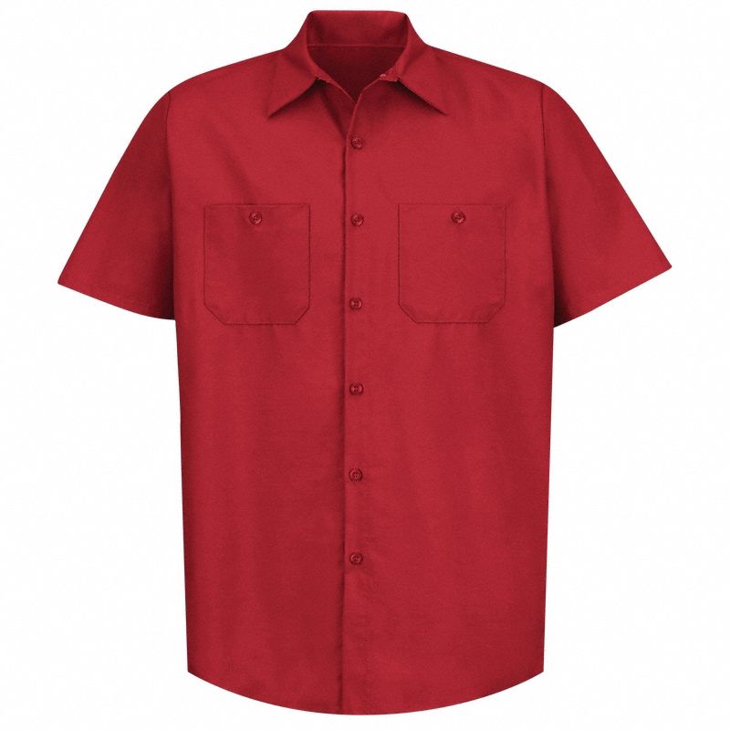 Mens Ss Red Poplin Work Shirt, L: Men's, Short Sleeve, Regular, 16 1/2 in Neck Size, Red
