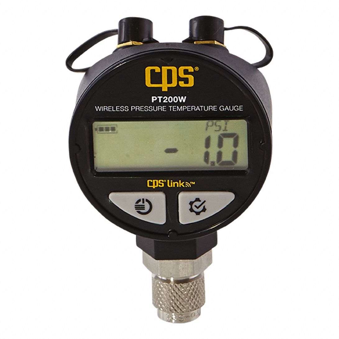 Pressure and Temperature Gauge: Wireless, 1/4 in SAE Refrigerant, 14.5 to 750 PSIG