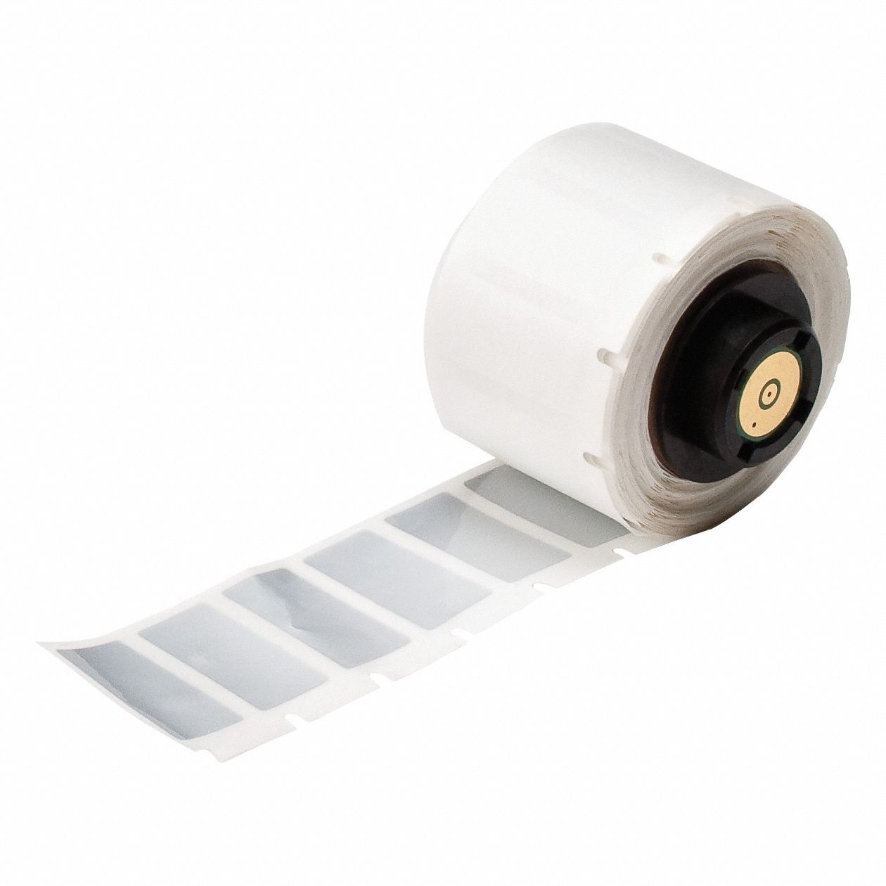 Pre-Cut Label Stock Roll: Tamper Indicating, 1/2 in x 1 in, 1 in x 1/2 in, Silver (Gloss)