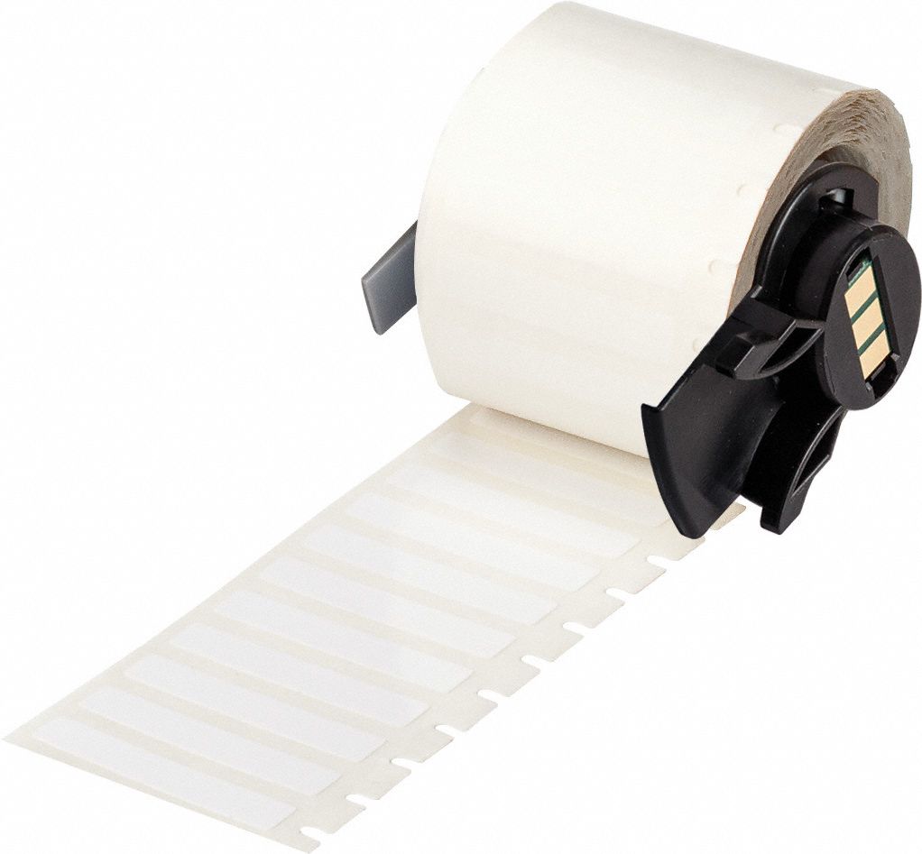 Pre-Cut Label Stock Roll: 1/4 in x 1 1/4 in, Acrylic, Aggressive Adhesive/Permanent Adhesive